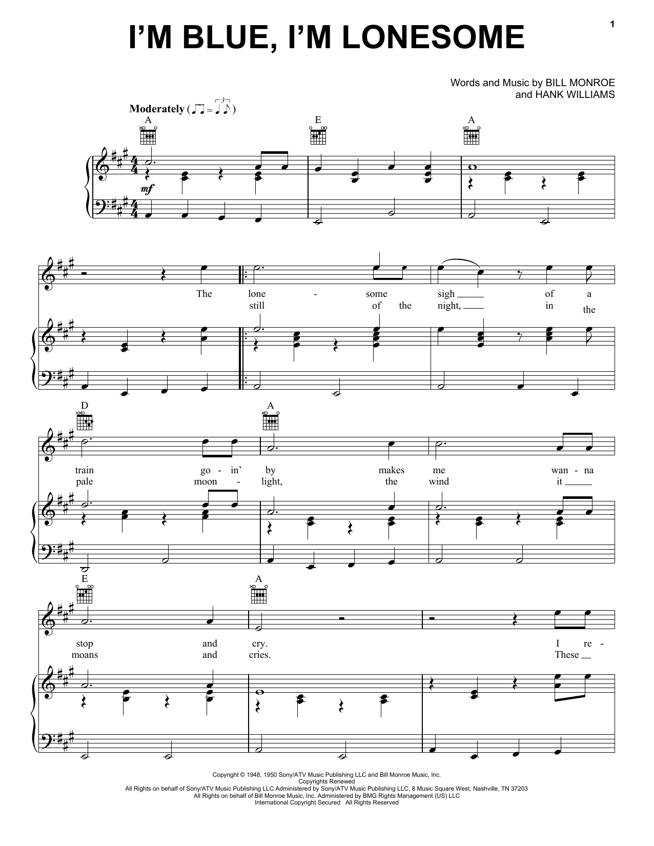 Bill Monroe I'm Blue, I'm Lonesome sheet music notes and chords arranged for Real Book – Melody, Lyrics & Chords