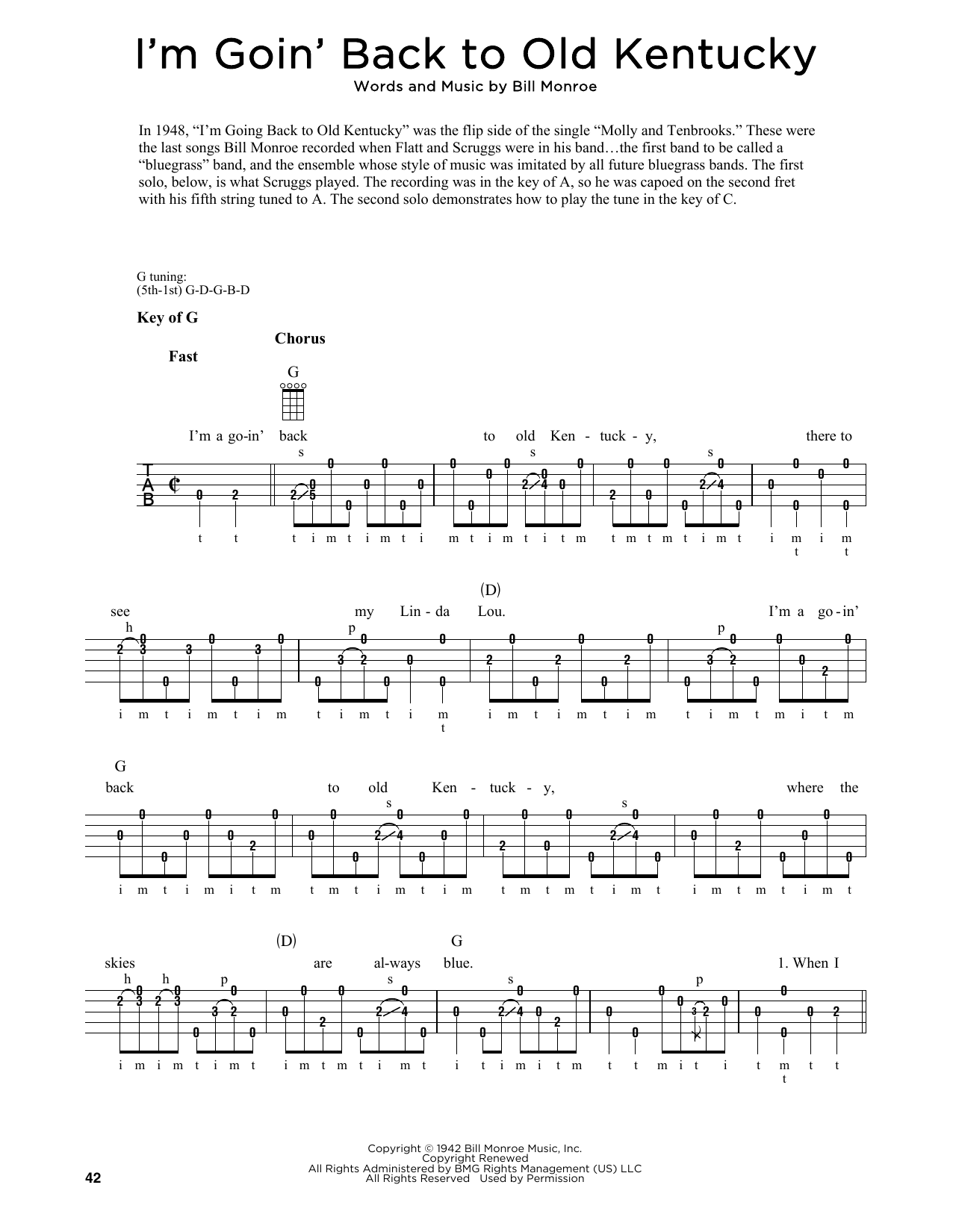 Bill Monroe I'm Goin' Back To Old Kentucky (arr. Fred Sokolow) sheet music notes and chords arranged for Banjo Tab