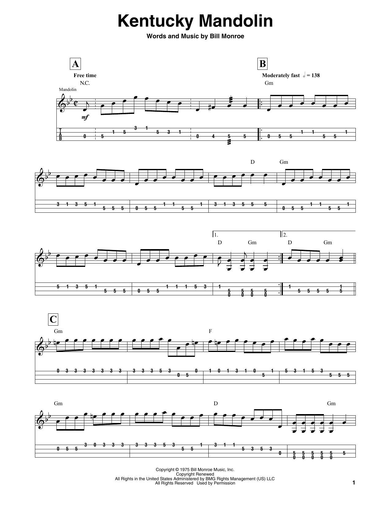 Bill Monroe Kentucky Mandolin sheet music notes and chords arranged for Mandolin Tab