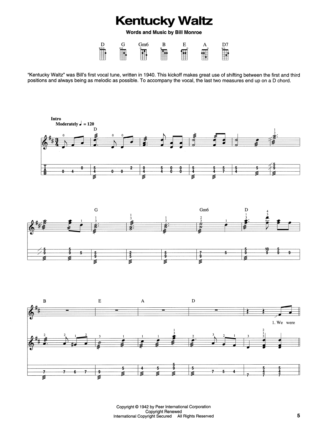 Bill Monroe Kentucky Waltz sheet music notes and chords arranged for Mandolin