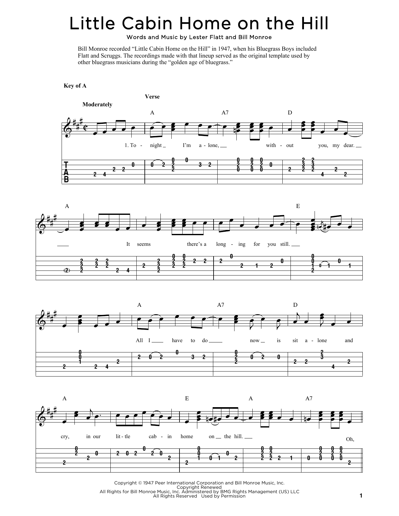 Bill Monroe Little Cabin Home On The Hill (arr. Fred Sokolow) sheet music notes and chords arranged for Solo Guitar