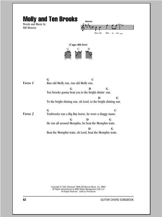 Bill Monroe Molly And Ten Brooks sheet music notes and chords arranged for Piano, Vocal & Guitar Chords (Right-Hand Melody)