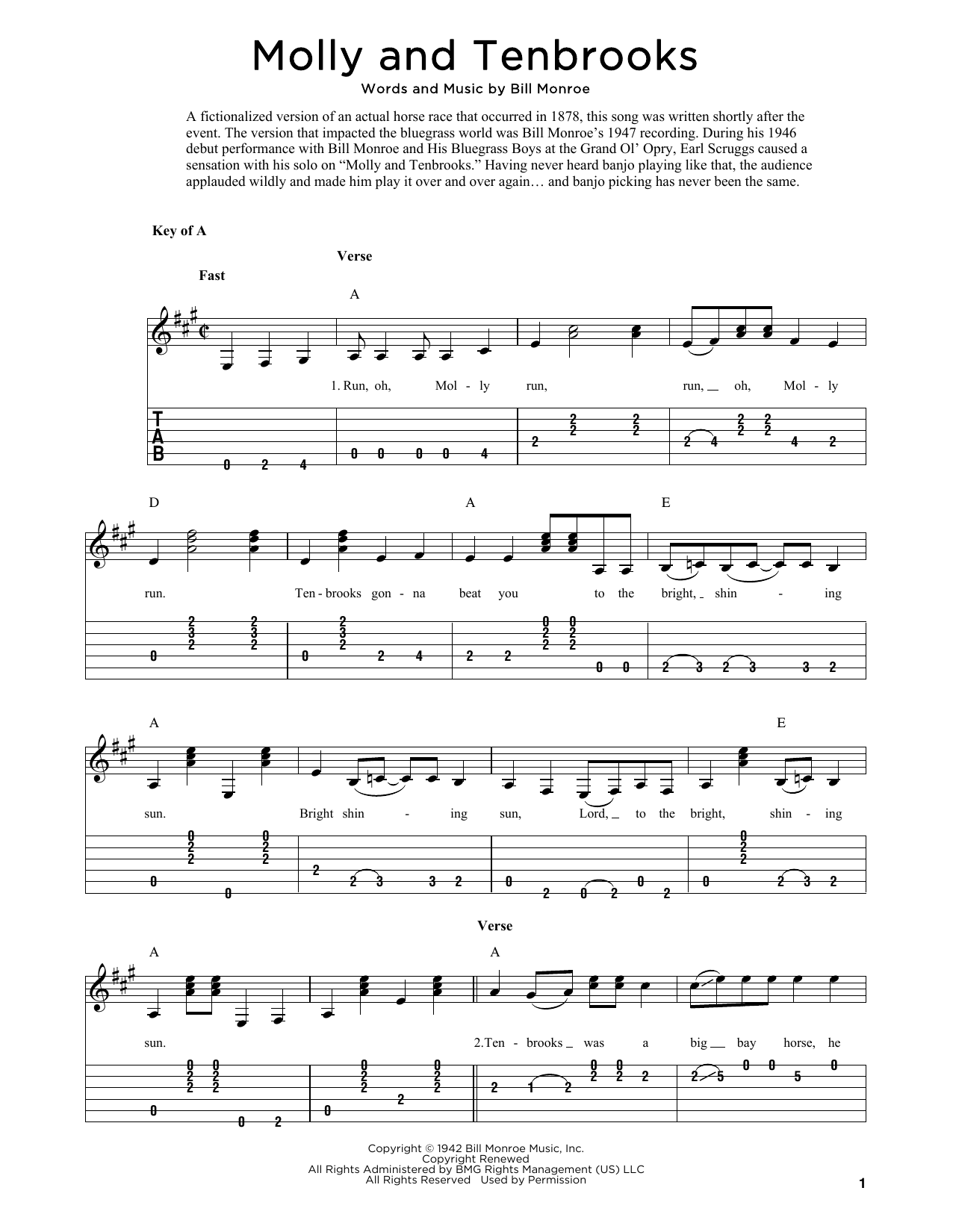 Bill Monroe Molly And Tenbrooks (arr. Fred Sokolow) sheet music notes and chords arranged for Banjo Tab