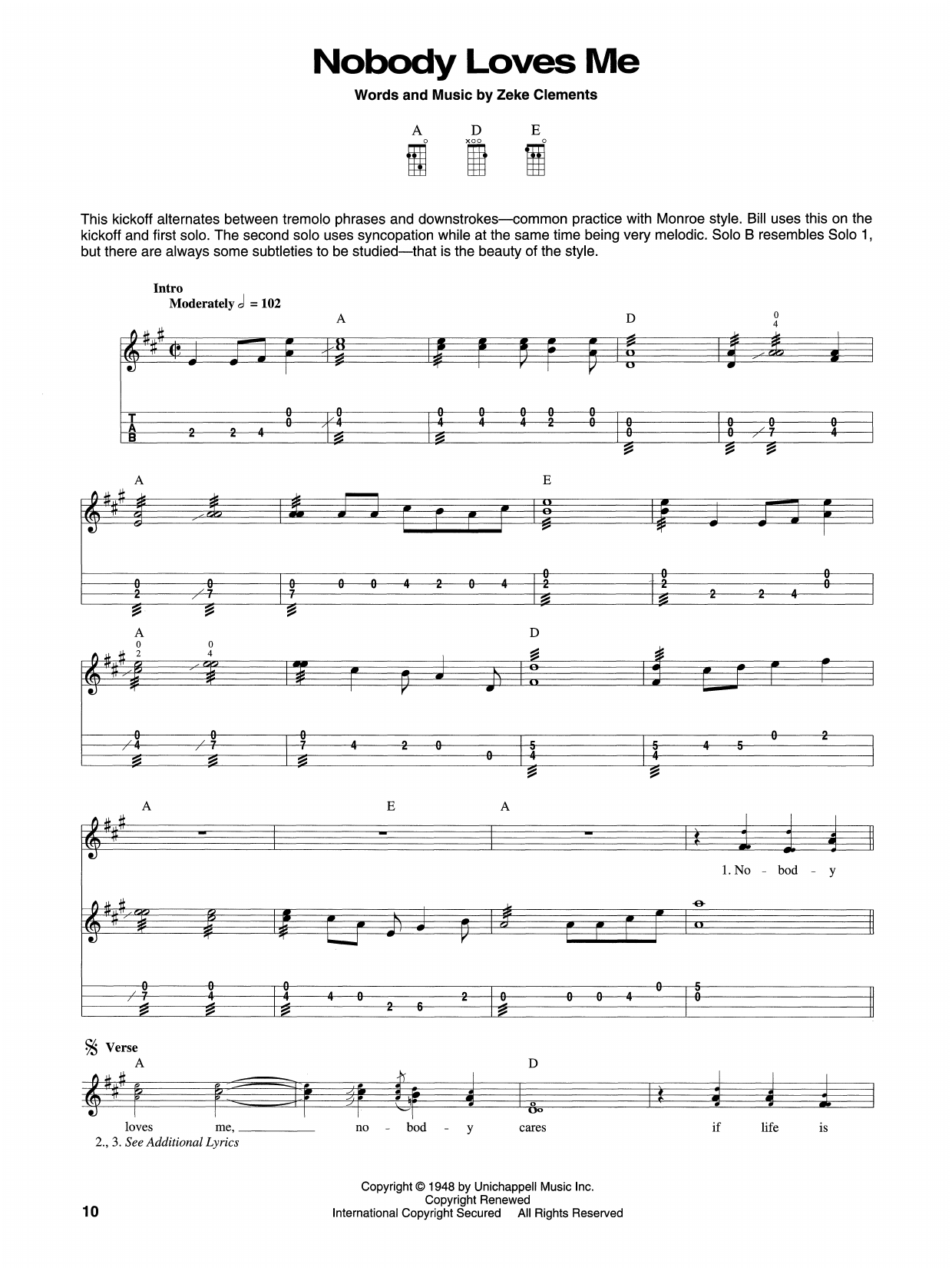 Bill Monroe Nobody Loves Me sheet music notes and chords arranged for Mandolin