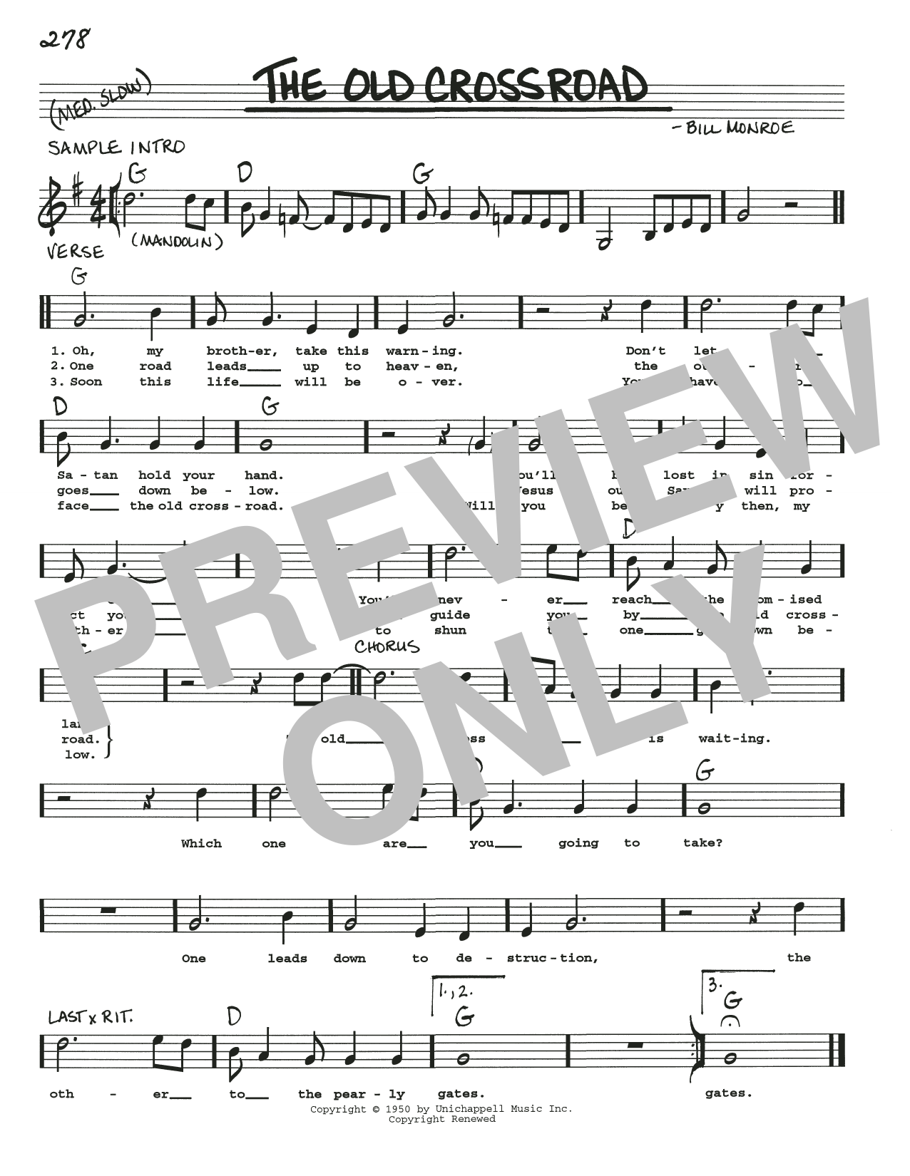 Bill Monroe Old Crossroad Is Waitin' sheet music notes and chords arranged for Real Book – Melody, Lyrics & Chords
