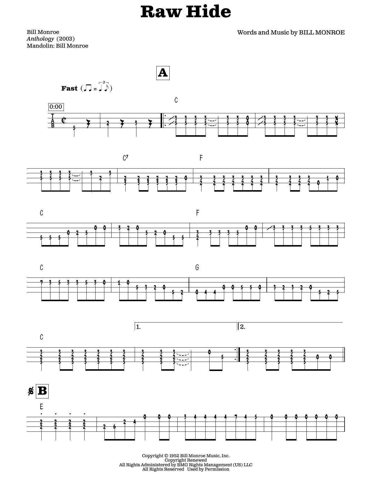 Bill Monroe Raw Hide (arr. Fred Sokolow) sheet music notes and chords arranged for Mandolin
