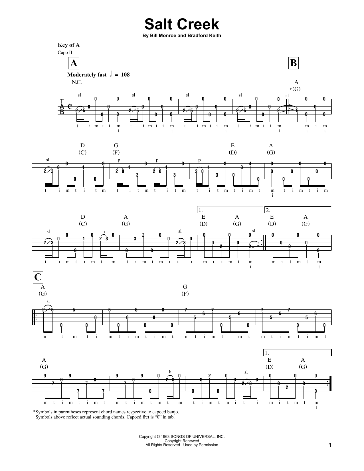 Bill Monroe Salt Creek sheet music notes and chords arranged for Banjo Tab