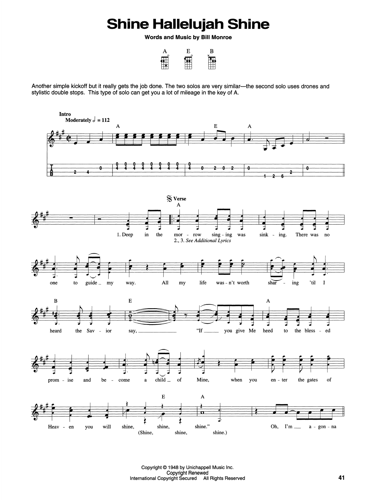 Bill Monroe Shine Hallelujah Shine sheet music notes and chords arranged for Mandolin
