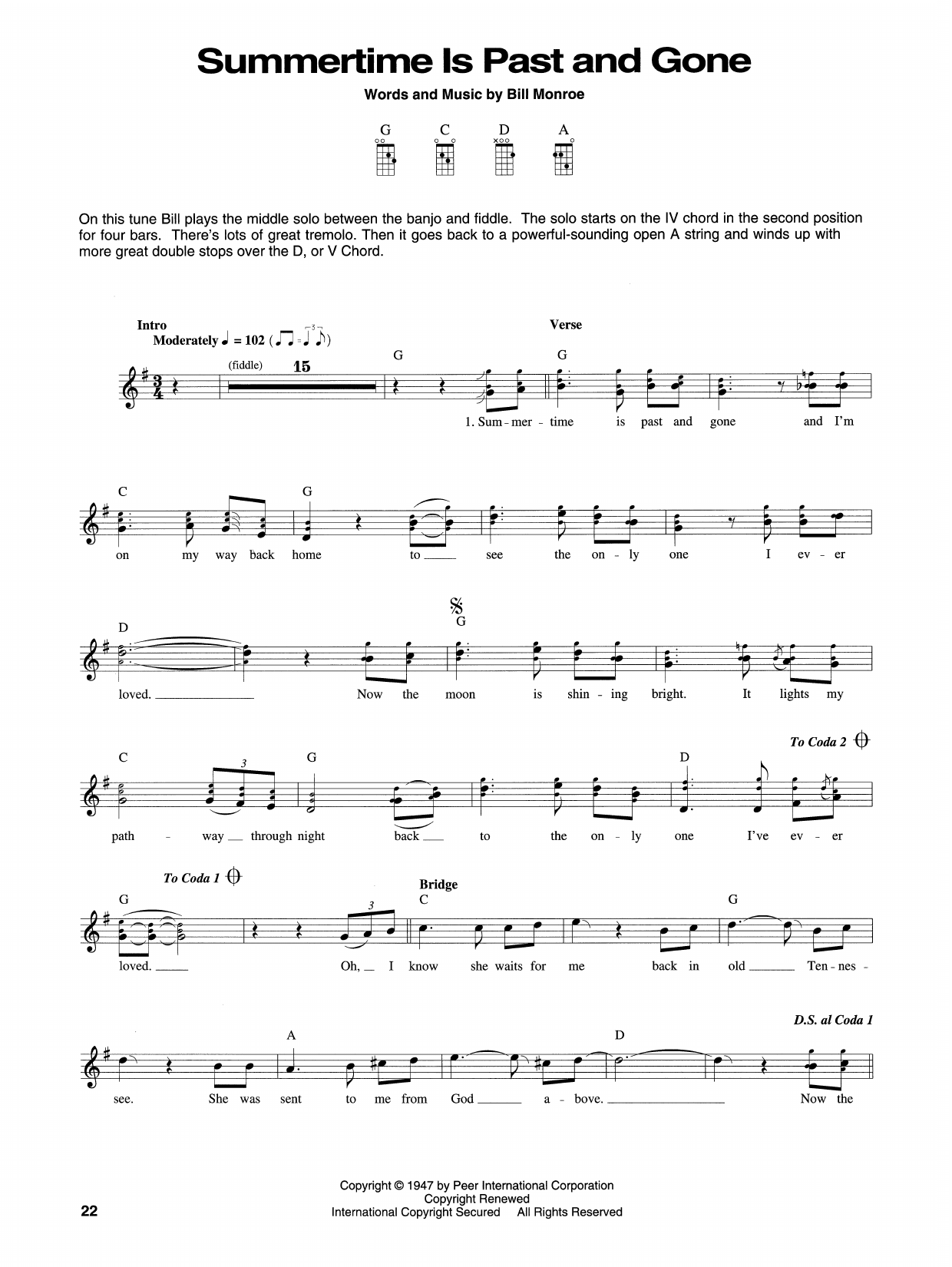 Bill Monroe Summertime Is Past And Gone sheet music notes and chords arranged for Mandolin