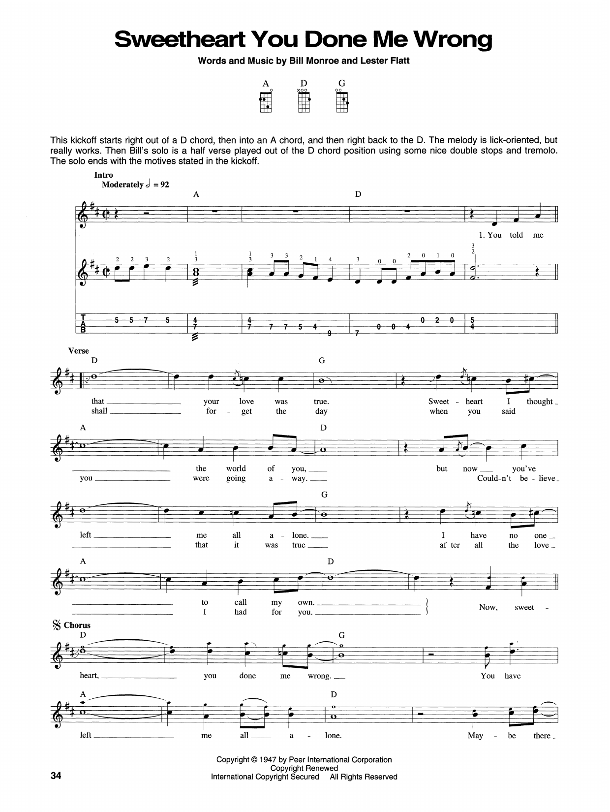 Bill Monroe Sweetheart You Done Me Wrong sheet music notes and chords arranged for Mandolin