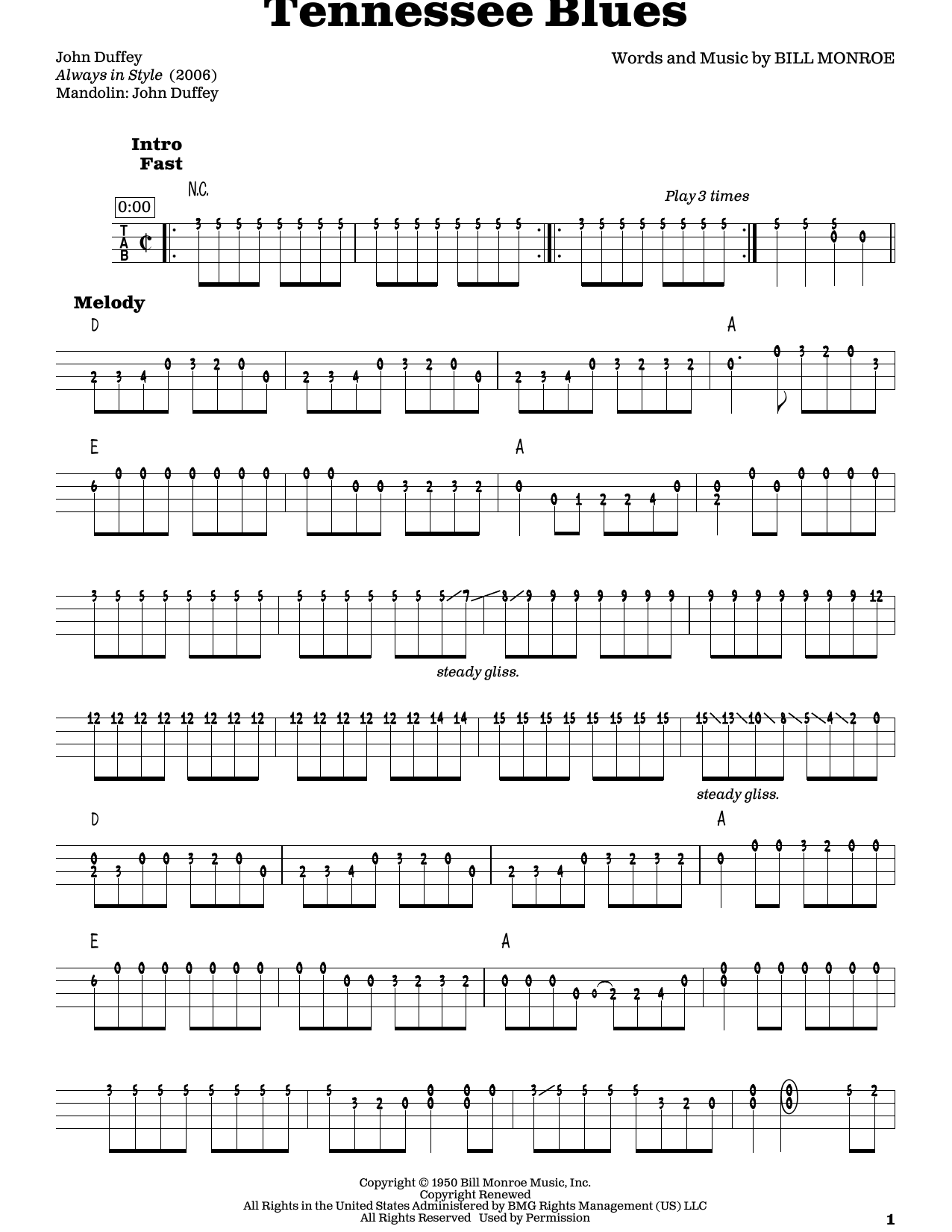 Bill Monroe Tennessee Blues sheet music notes and chords arranged for Mandolin