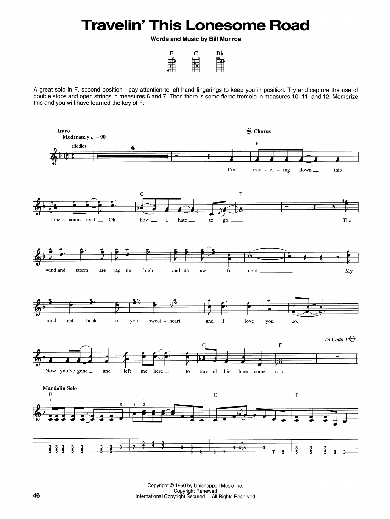 Bill Monroe Travelin' This Lonesome Road sheet music notes and chords arranged for Mandolin
