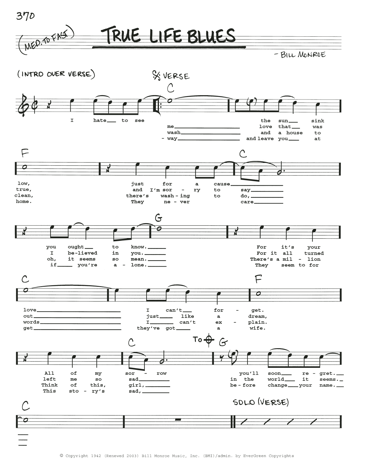 Bill Monroe True Life Blues sheet music notes and chords arranged for Mandolin
