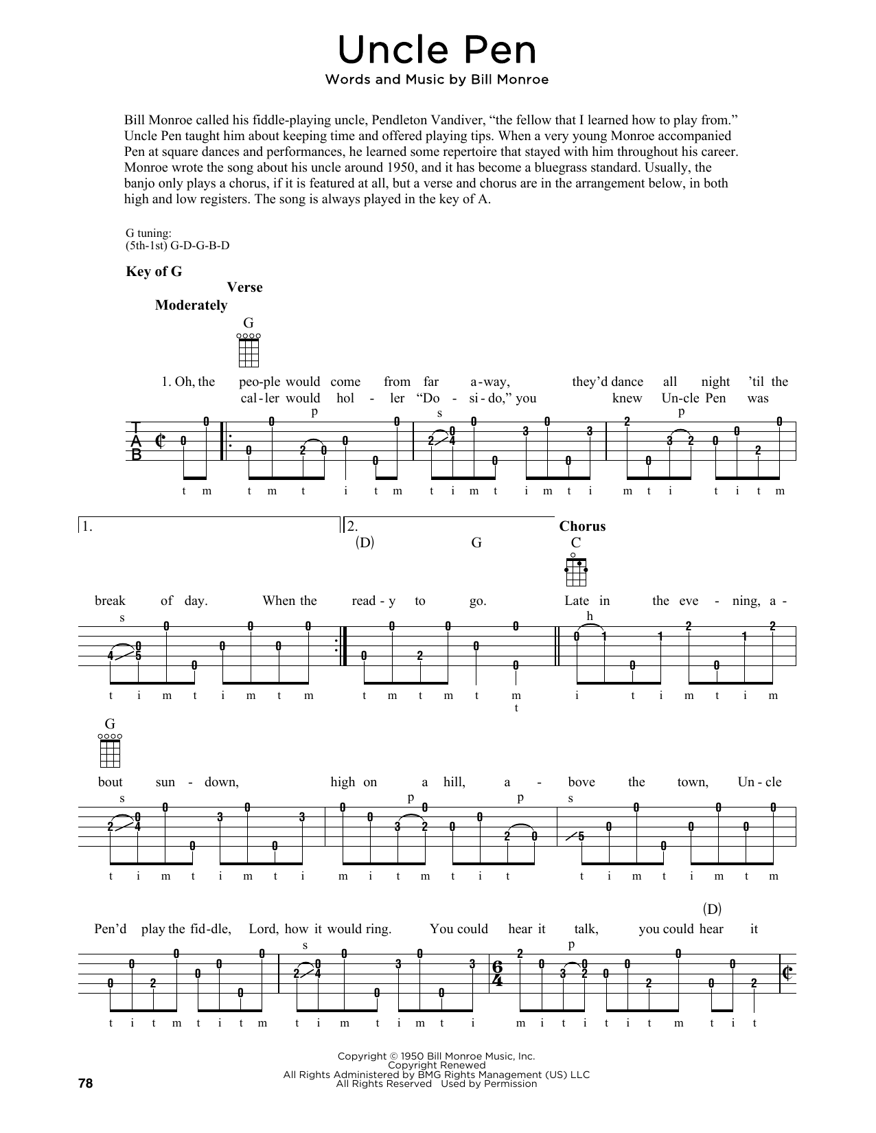 Bill Monroe Uncle Pen (arr. Fred Sokolow) sheet music notes and chords arranged for Banjo Tab