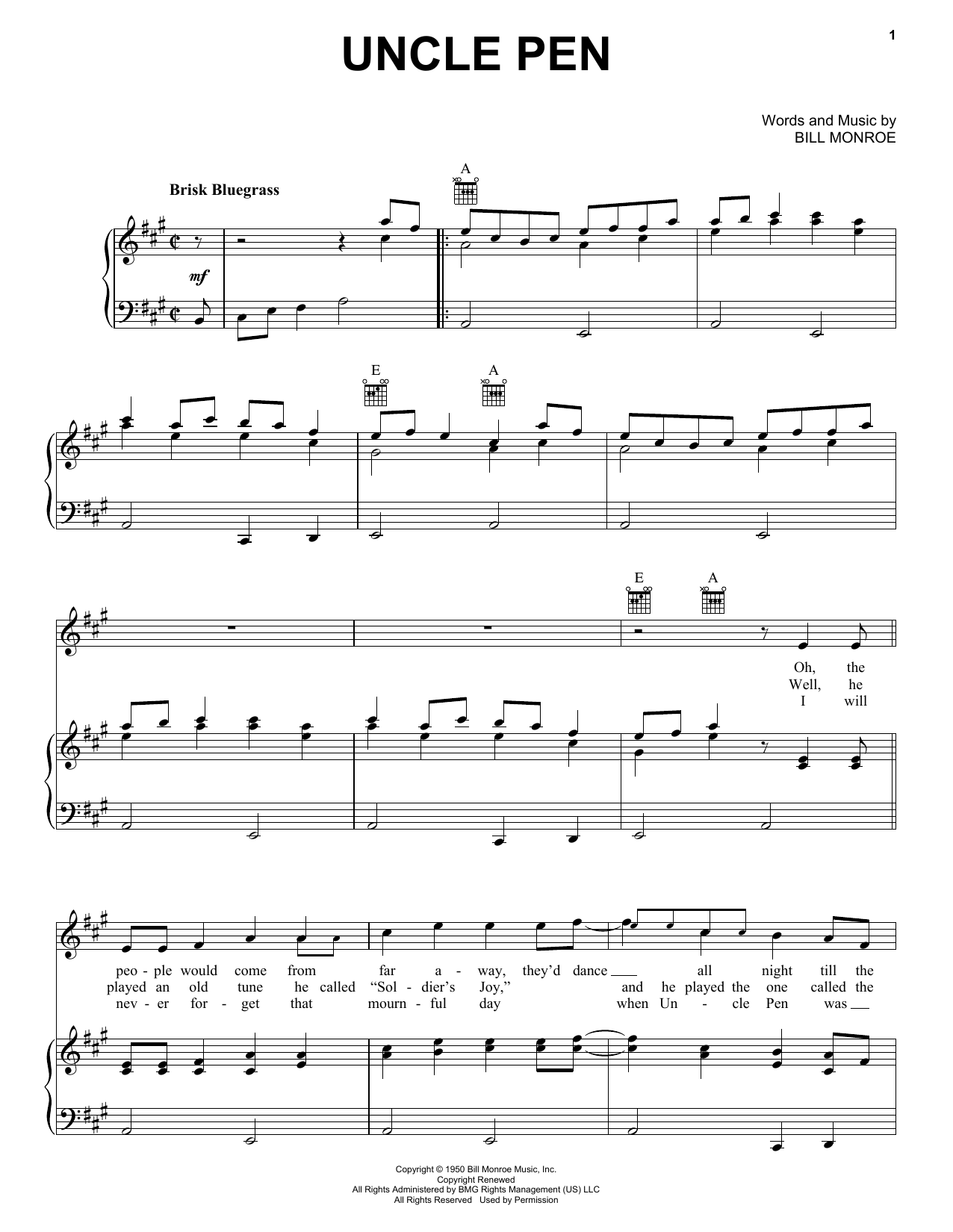 Bill Monroe Uncle Pen sheet music notes and chords arranged for Real Book – Melody, Lyrics & Chords