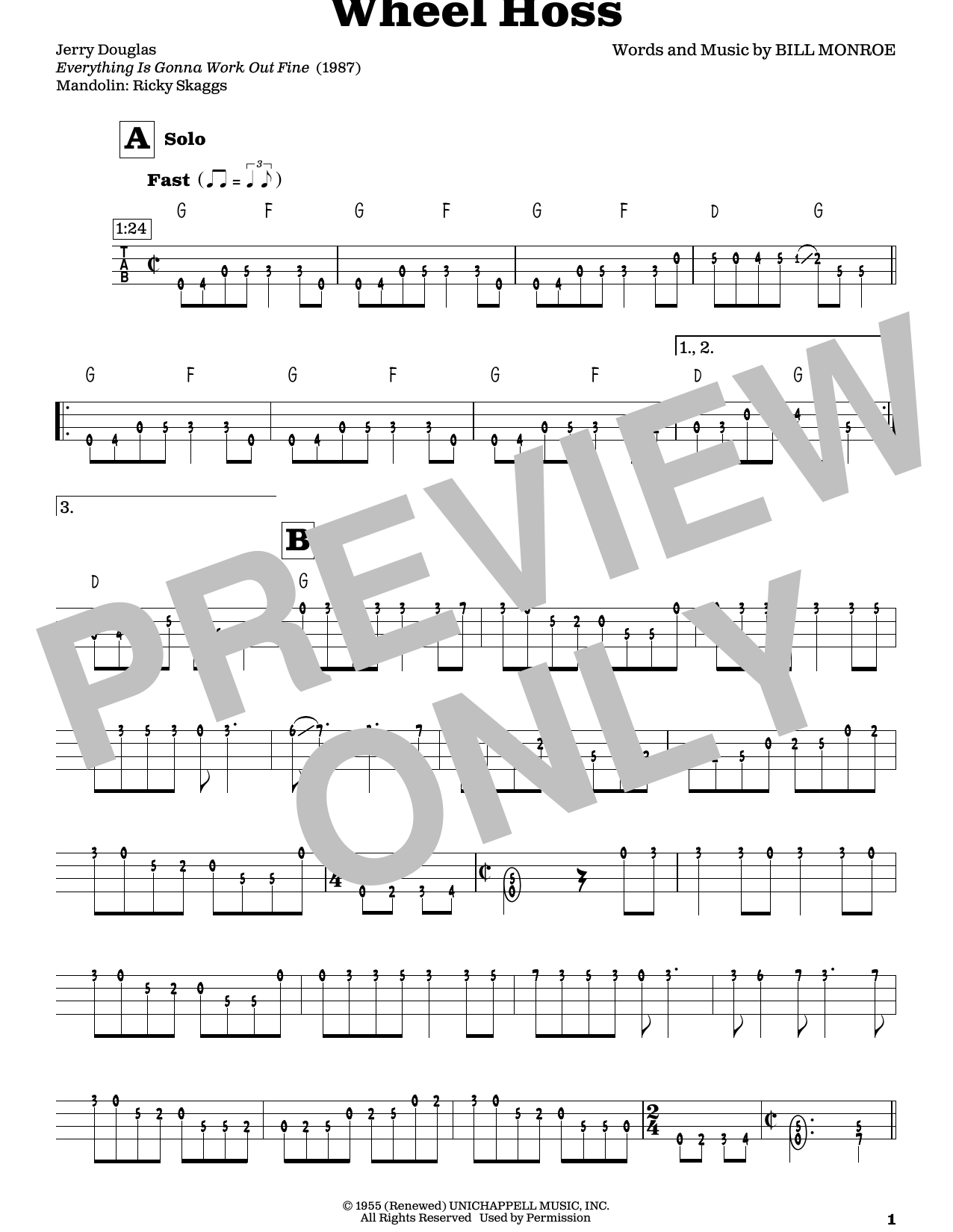 Bill Monroe Wheel Hoss (arr. Fred Sokolow) sheet music notes and chords arranged for Mandolin