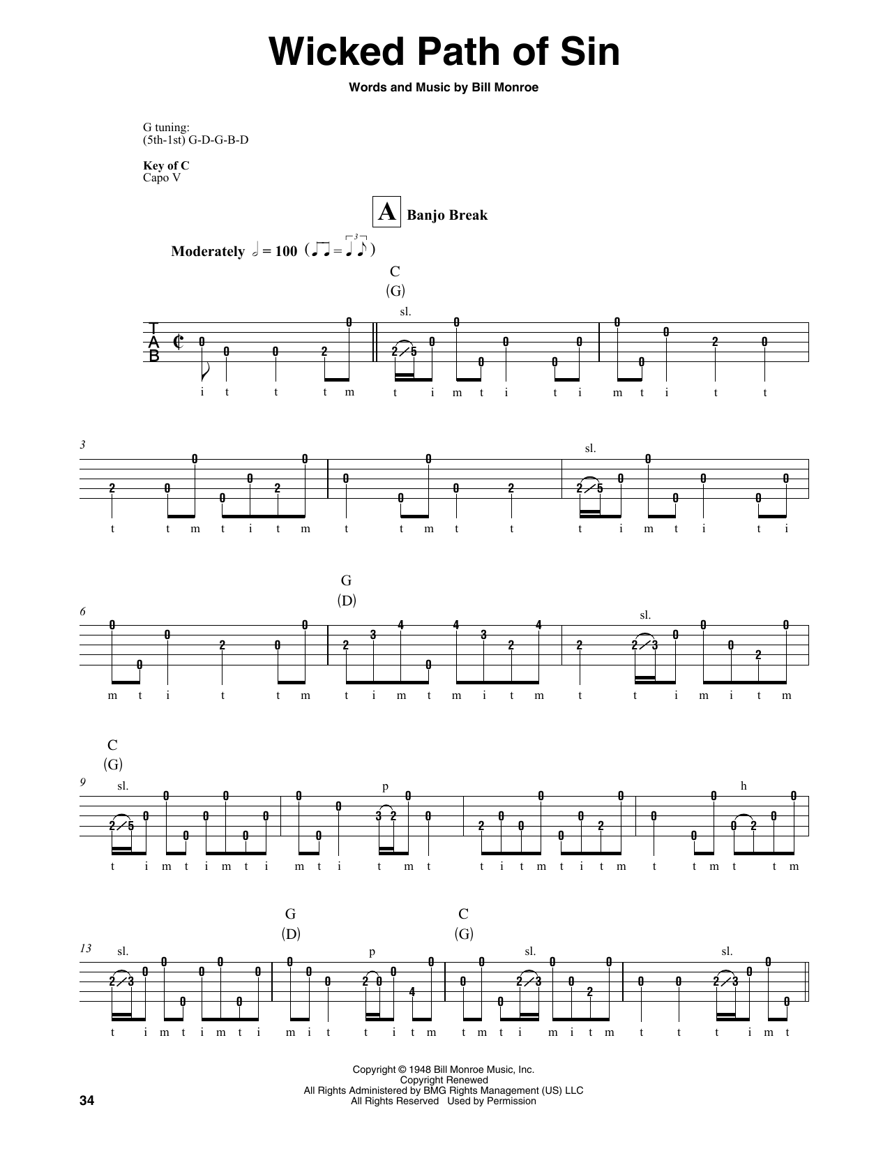 Bill Monroe Wicked Path Of Sin sheet music notes and chords arranged for Banjo Tab