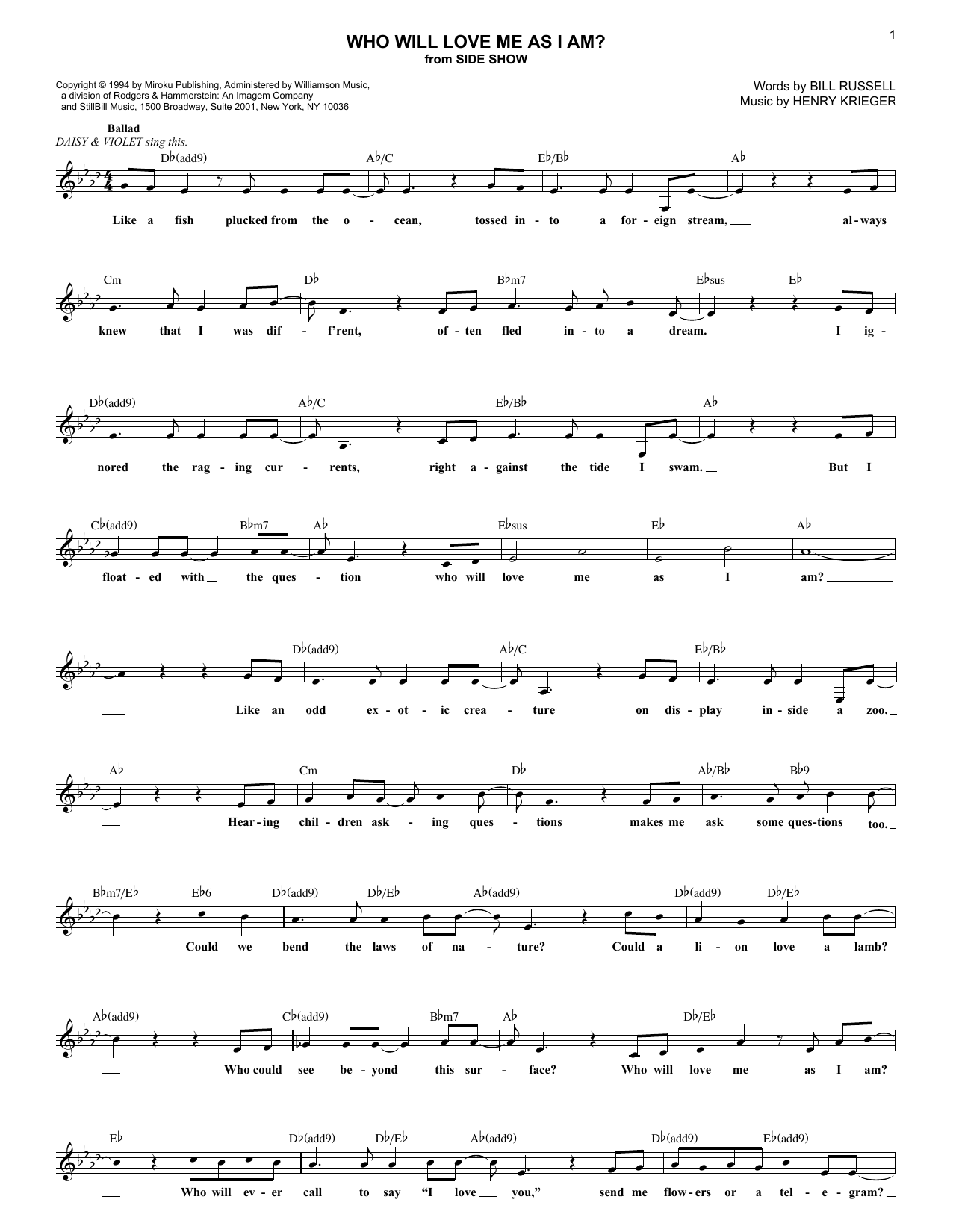 Bill Russell Who Will Love Me As I Am? sheet music notes and chords arranged for Lead Sheet / Fake Book