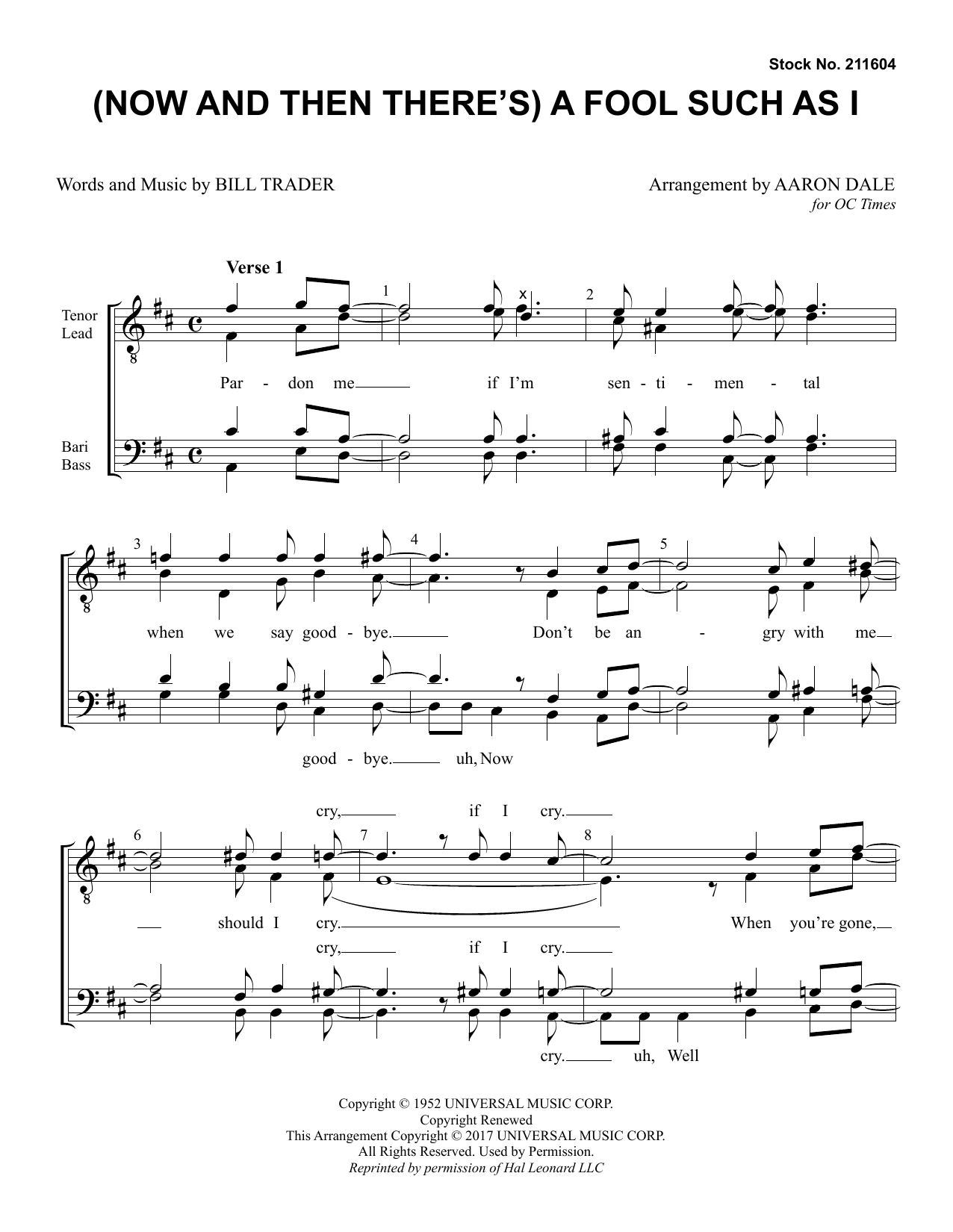 Bill Trader (Now And Then There's) A Fool Such As I (arr. Aaron Dale) sheet music notes and chords arranged for TTBB Choir