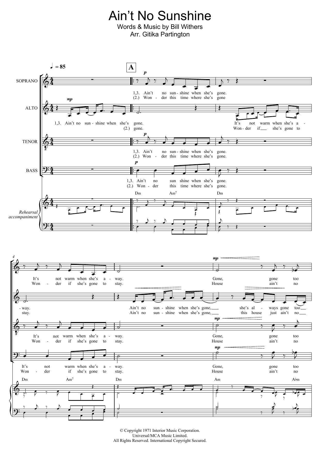 Bill Withers Ain't No Sunshine (Arr. Gitika Partington) sheet music notes and chords arranged for Choir