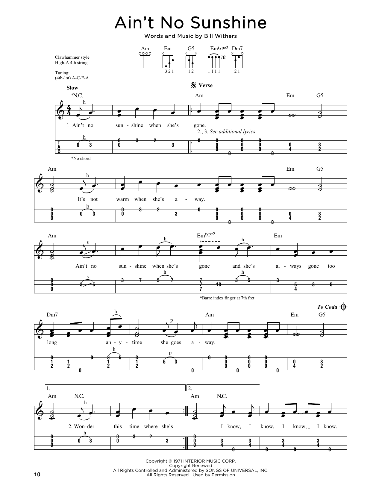 Bill Withers Ain't No Sunshine (arr. Jim Schustedt) sheet music notes and chords arranged for Ukulele