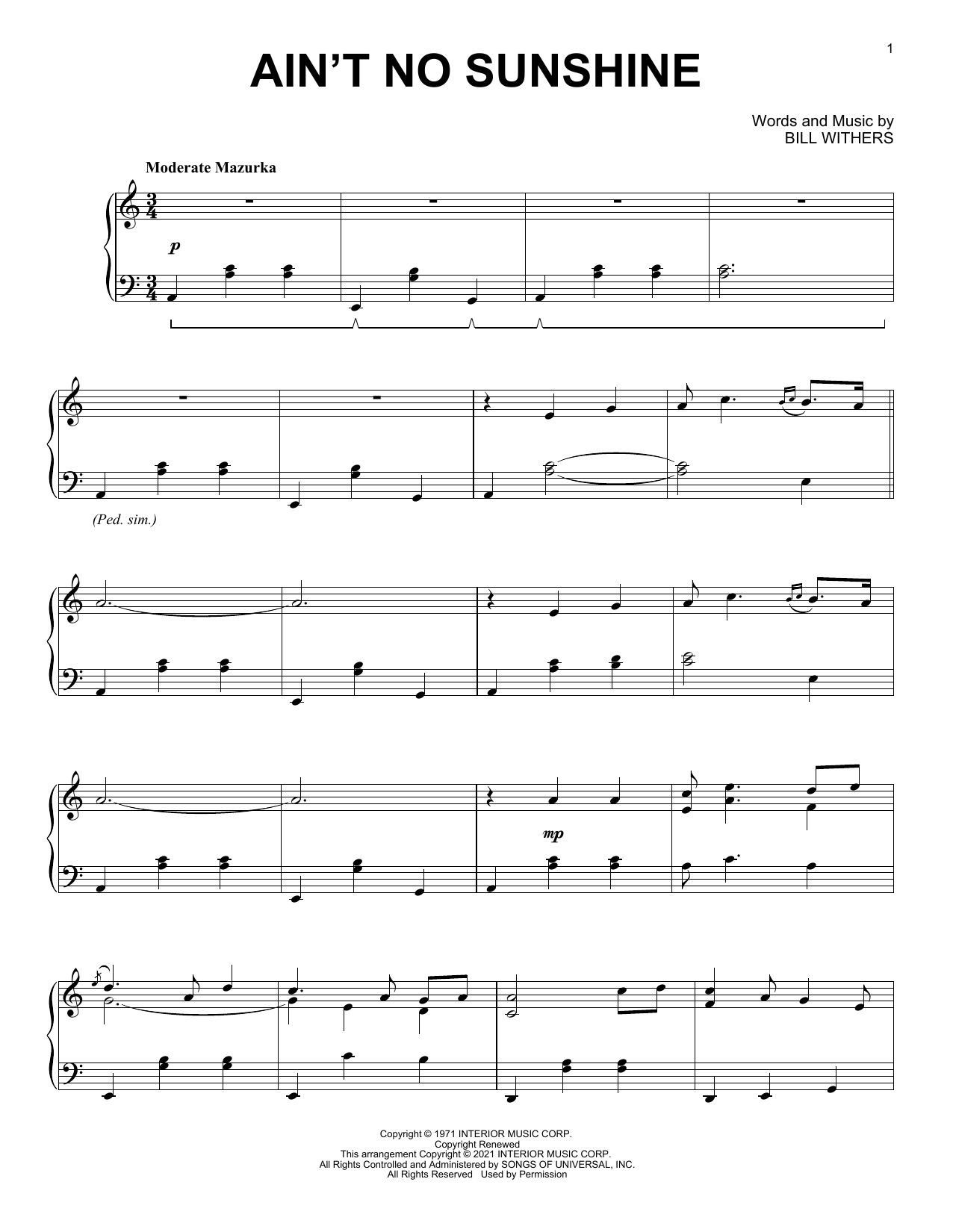 Bill Withers Ain't No Sunshine [Classical version] sheet music notes and chords arranged for Piano Solo