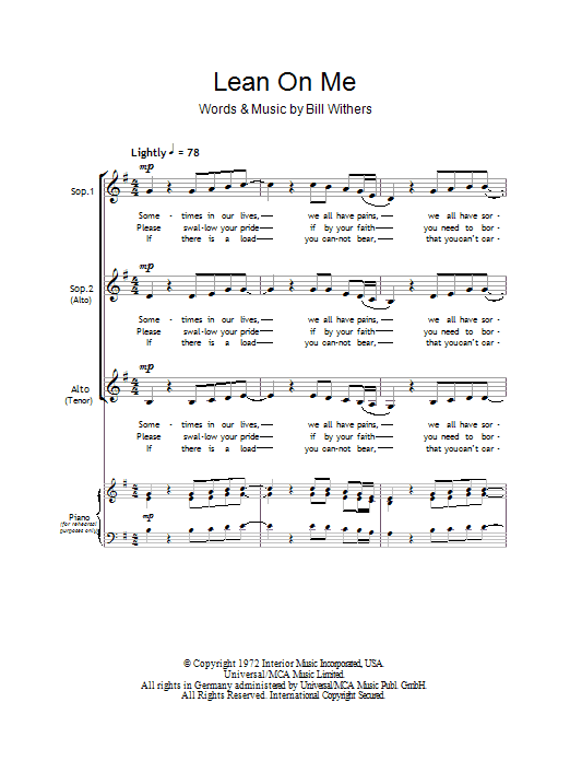 Bill Withers Lean On Me (arr. Barrie Carson Turner) sheet music notes and chords arranged for SSA Choir