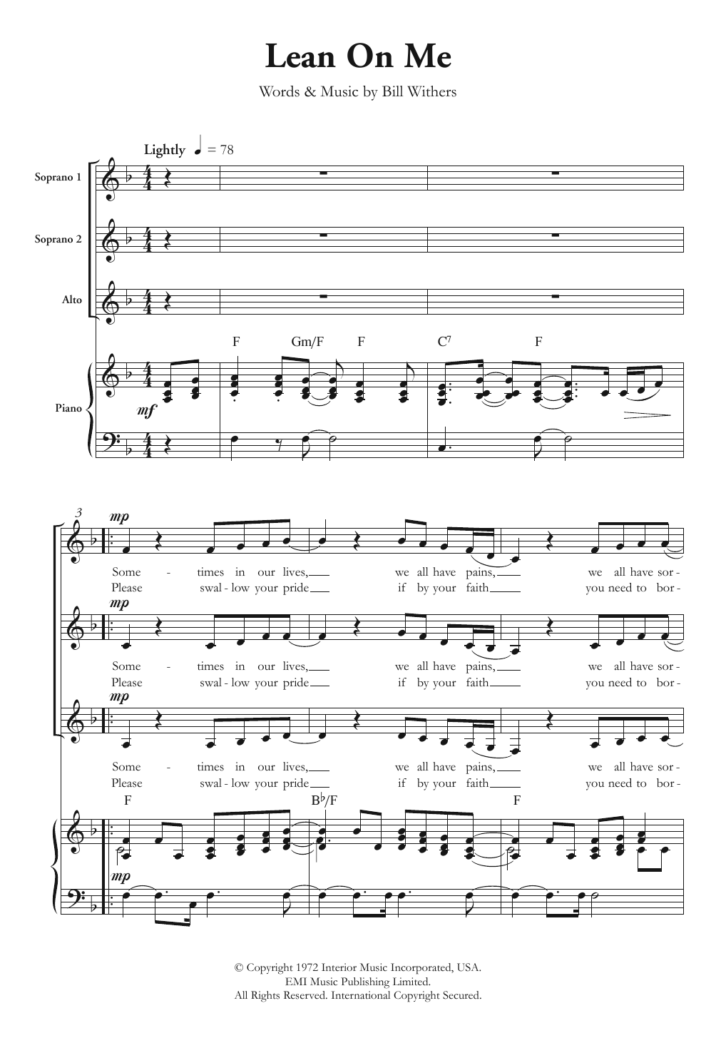 Bill Withers Lean On Me (arr. Berty Rice) sheet music notes and chords arranged for SSA Choir