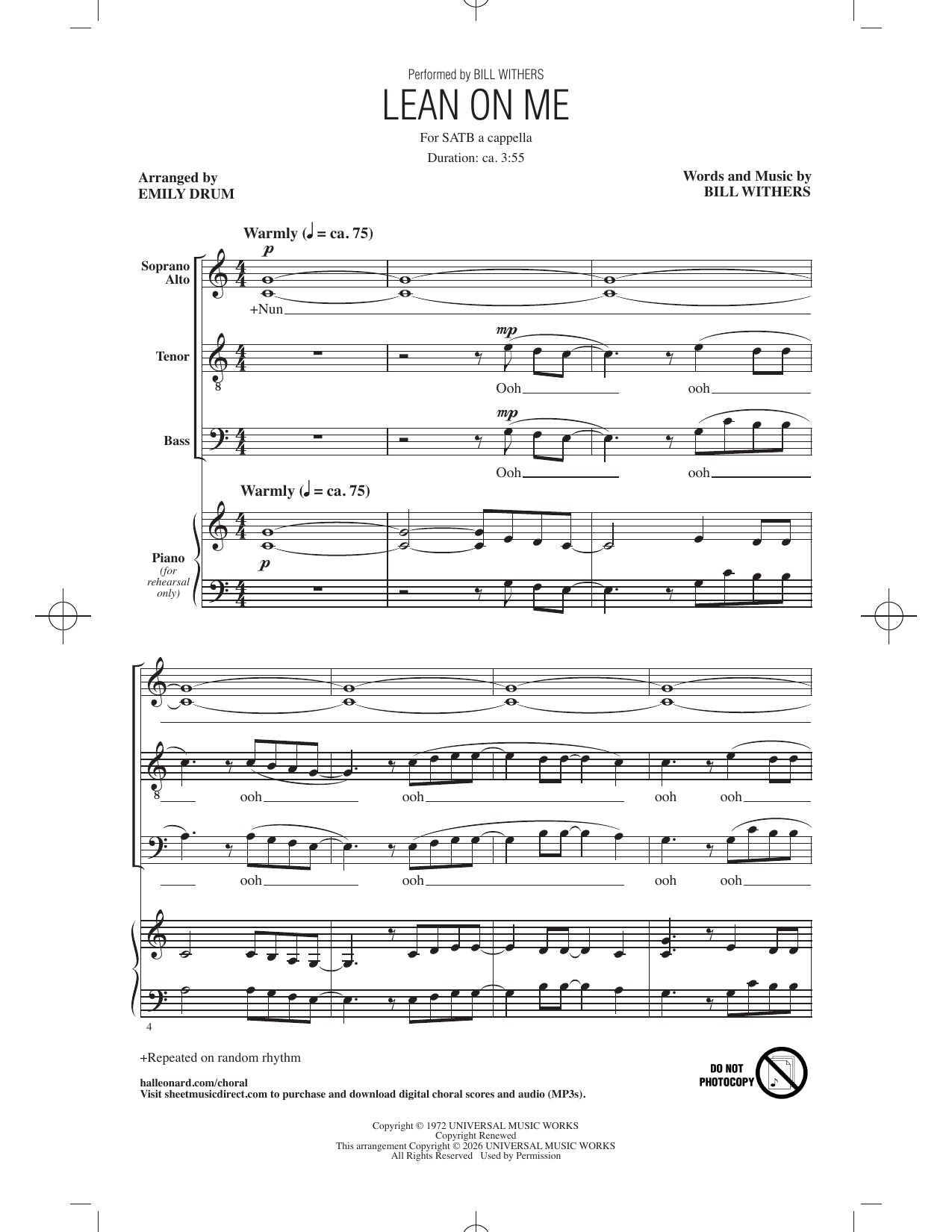 Bill Withers Lean On Me (arr. Emily Drum) sheet music notes and chords arranged for SATB Choir