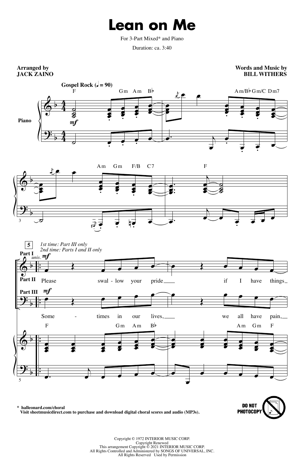 Bill Withers Lean On Me (arr. Jack Zaino) sheet music notes and chords arranged for 3-Part Mixed Choir