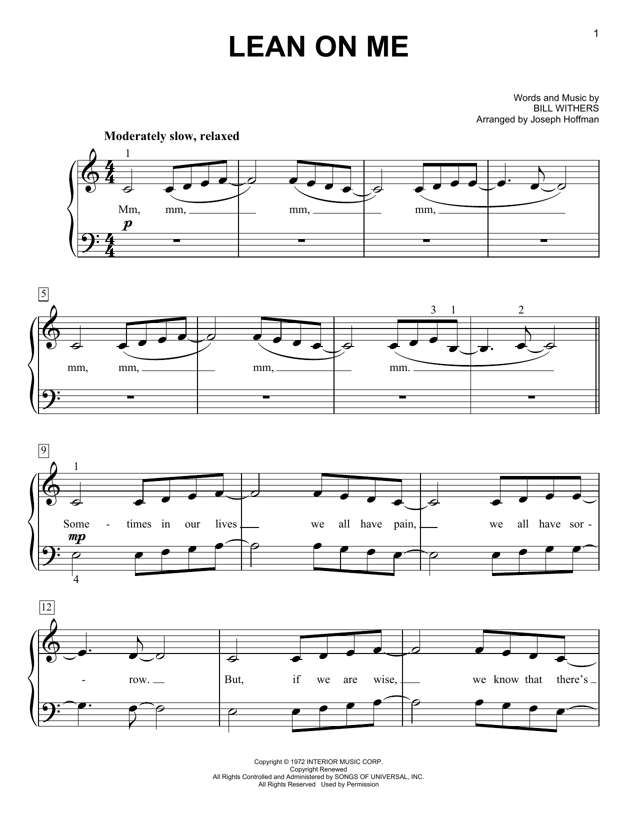 Bill Withers Lean On Me (arr. Joseph Hoffman) sheet music notes and chords arranged for Easy Piano