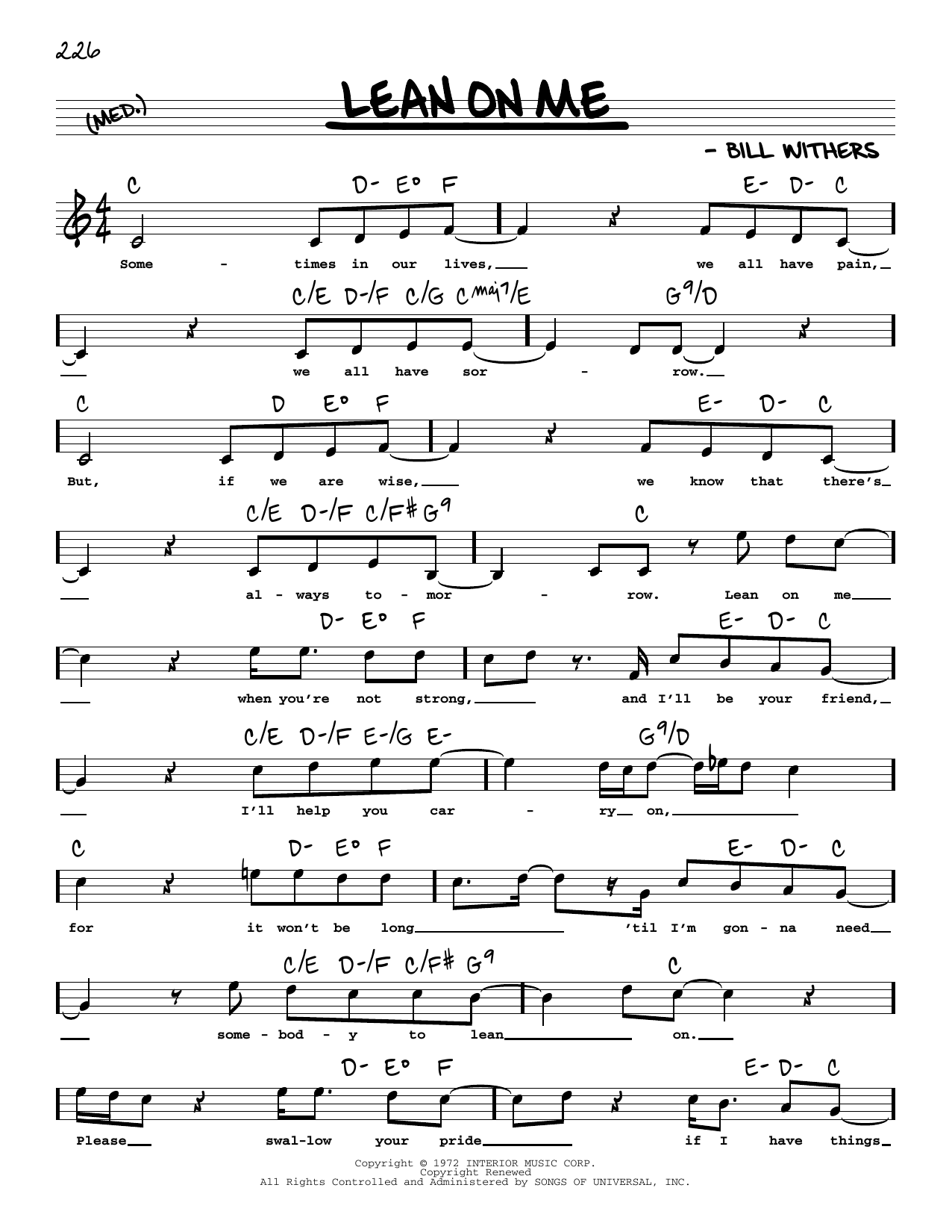 Bill Withers Lean On Me (High Voice) sheet music notes and chords arranged for Real Book – Melody, Lyrics & Chords