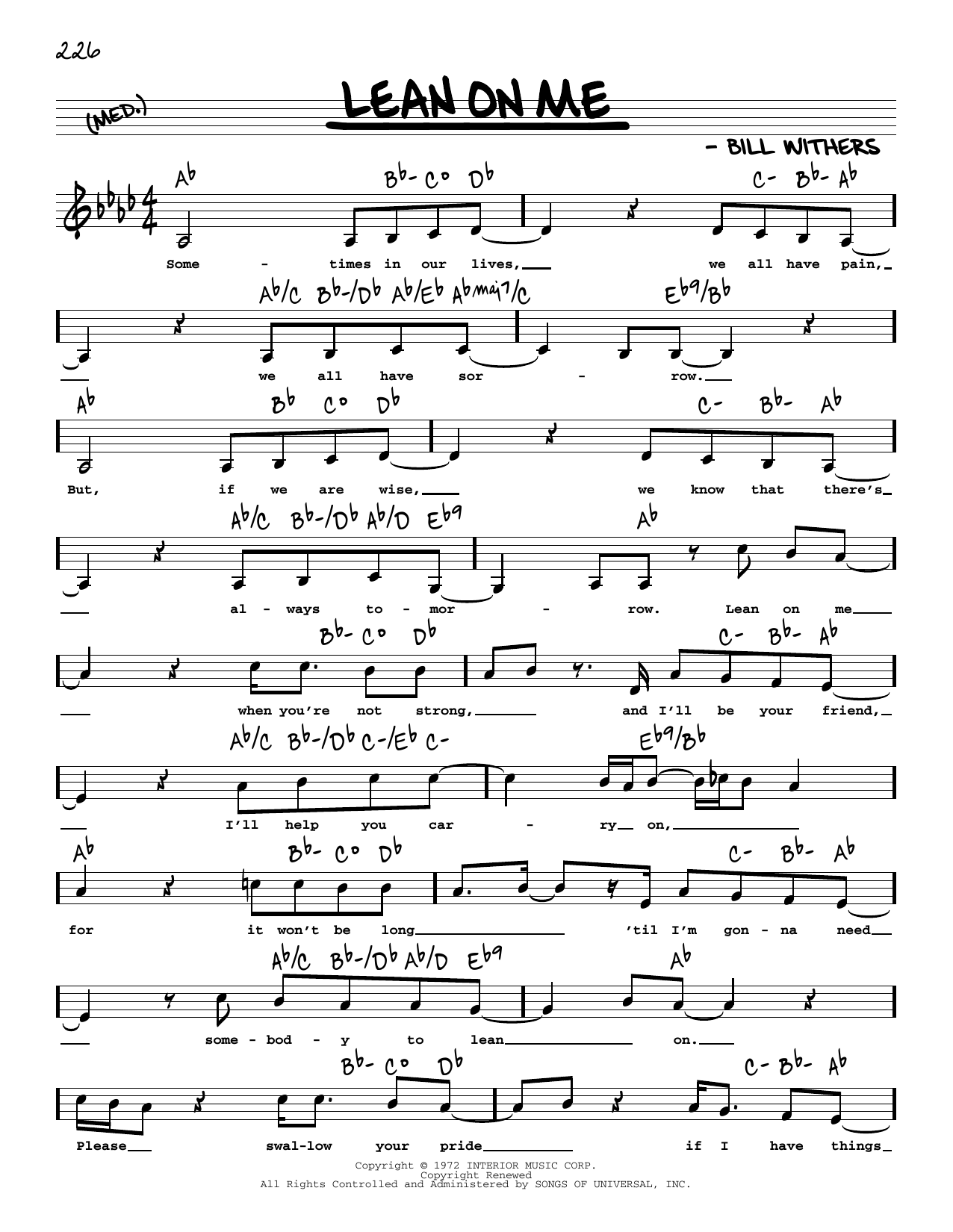Bill Withers Lean On Me (Low Voice) sheet music notes and chords arranged for Real Book – Melody, Lyrics & Chords