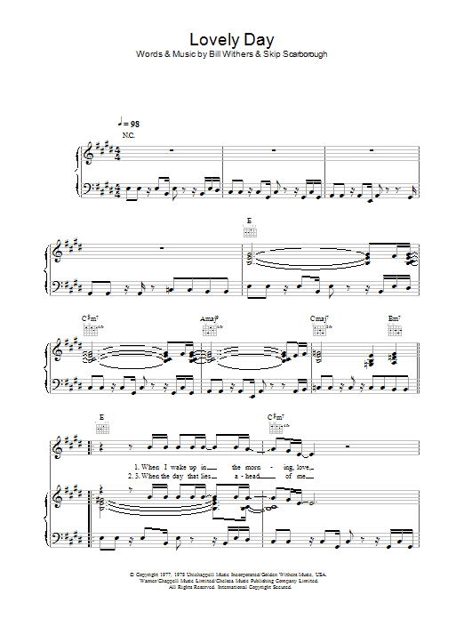 Bill Withers Lovely Day sheet music notes and chords arranged for Piano, Vocal & Guitar Chords (Right-Hand Melody)