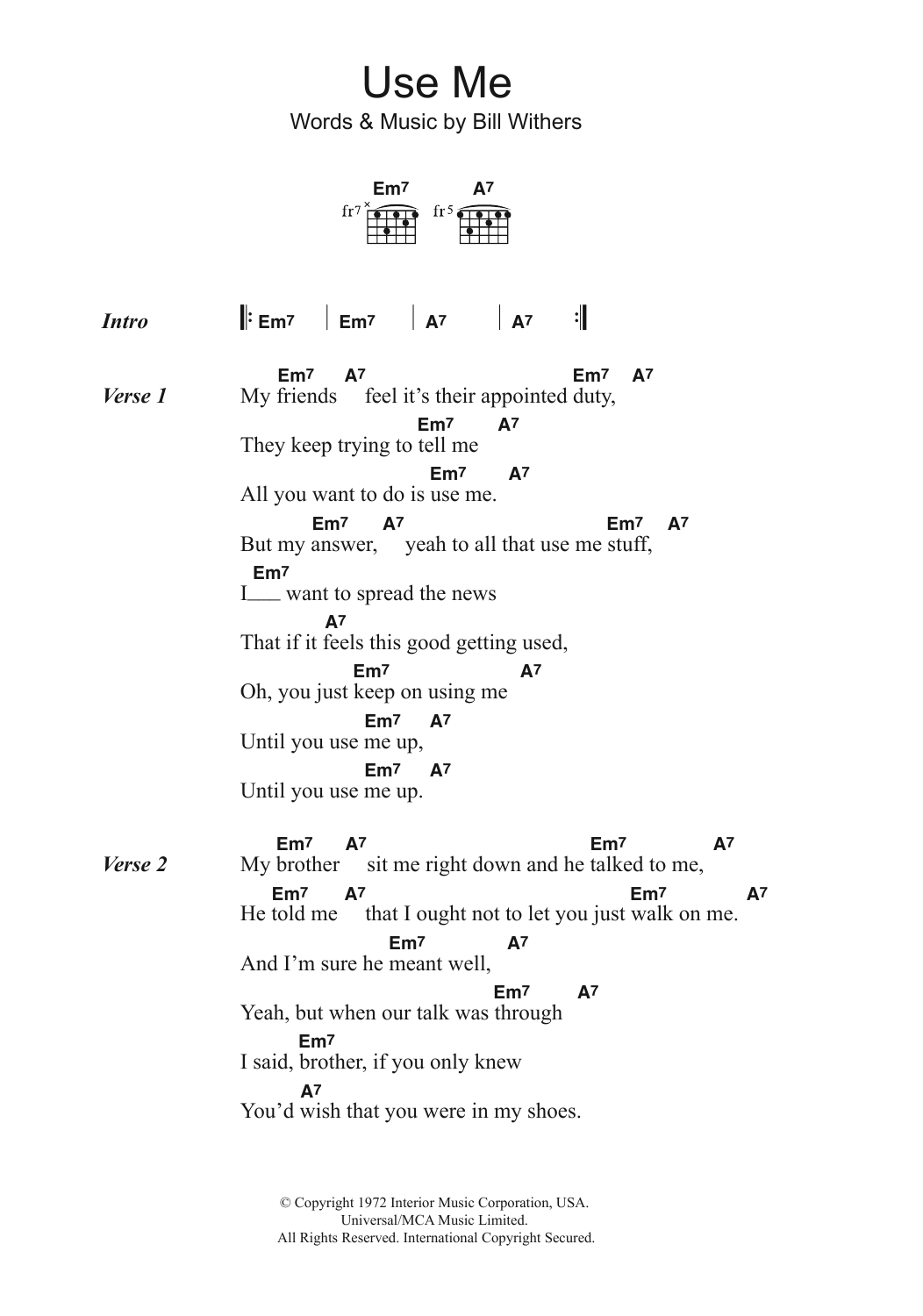 Bill Withers Use Me sheet music notes and chords arranged for Guitar Chords/Lyrics