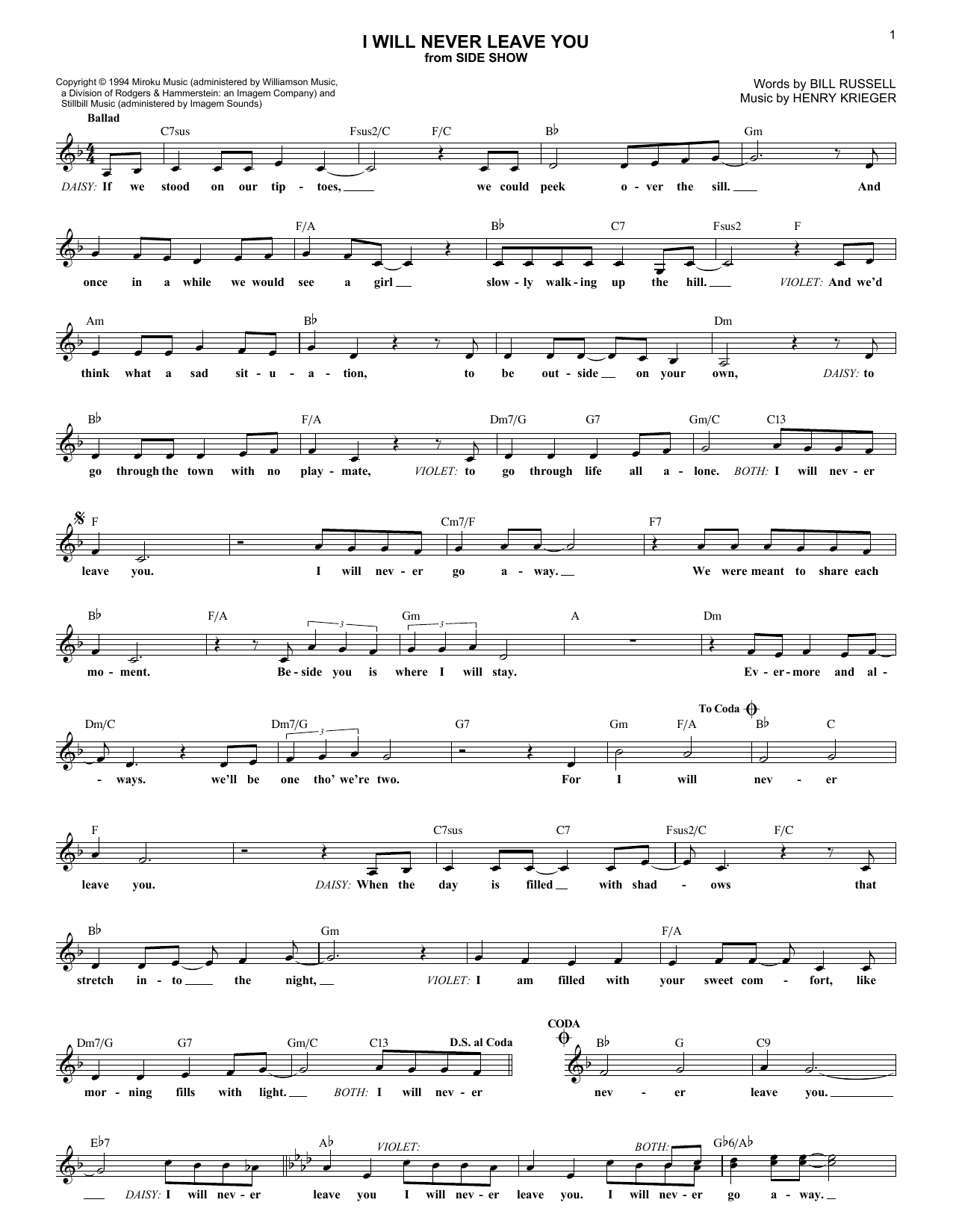 Bill Russell I Will Never Leave You sheet music notes and chords. Download Printable PDF.