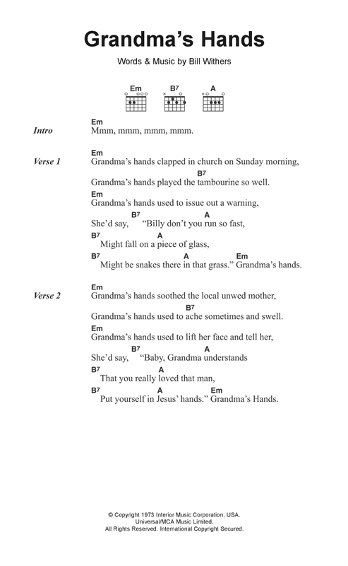 Bill Withers Grandma's Hands sheet music notes and chords arranged for Guitar Chords/Lyrics