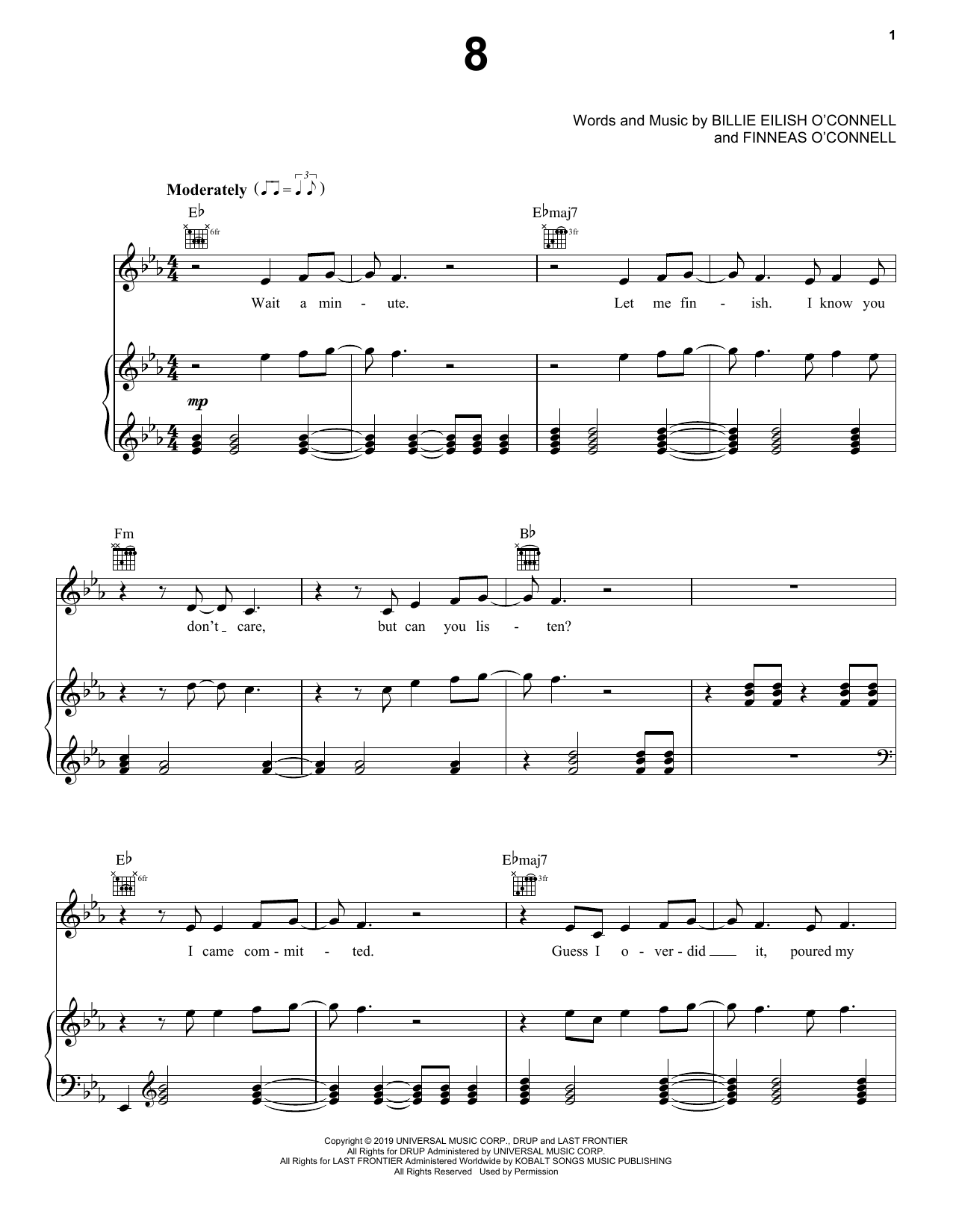 Billie Eilish 8 sheet music notes and chords arranged for Piano, Vocal & Guitar Chords (Right-Hand Melody)