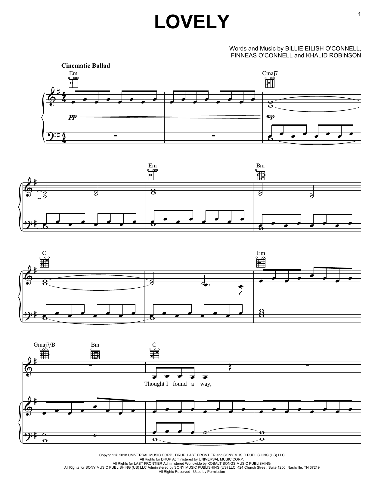 Billie Eilish & Khalid lovely (from 13 Reasons Why) sheet music notes and chords arranged for Really Easy Guitar