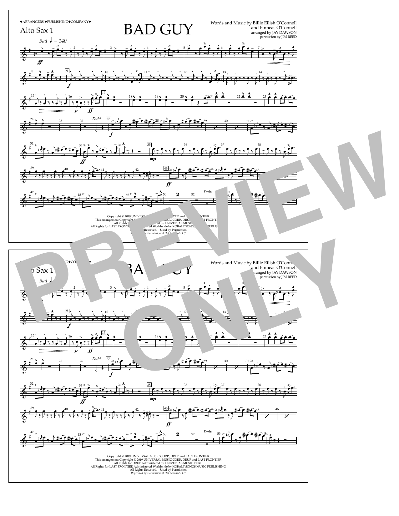 Billie Eilish Bad Guy (arr. Jay Dawson) - Alto Sax 1 sheet music notes and chords arranged for Marching Band