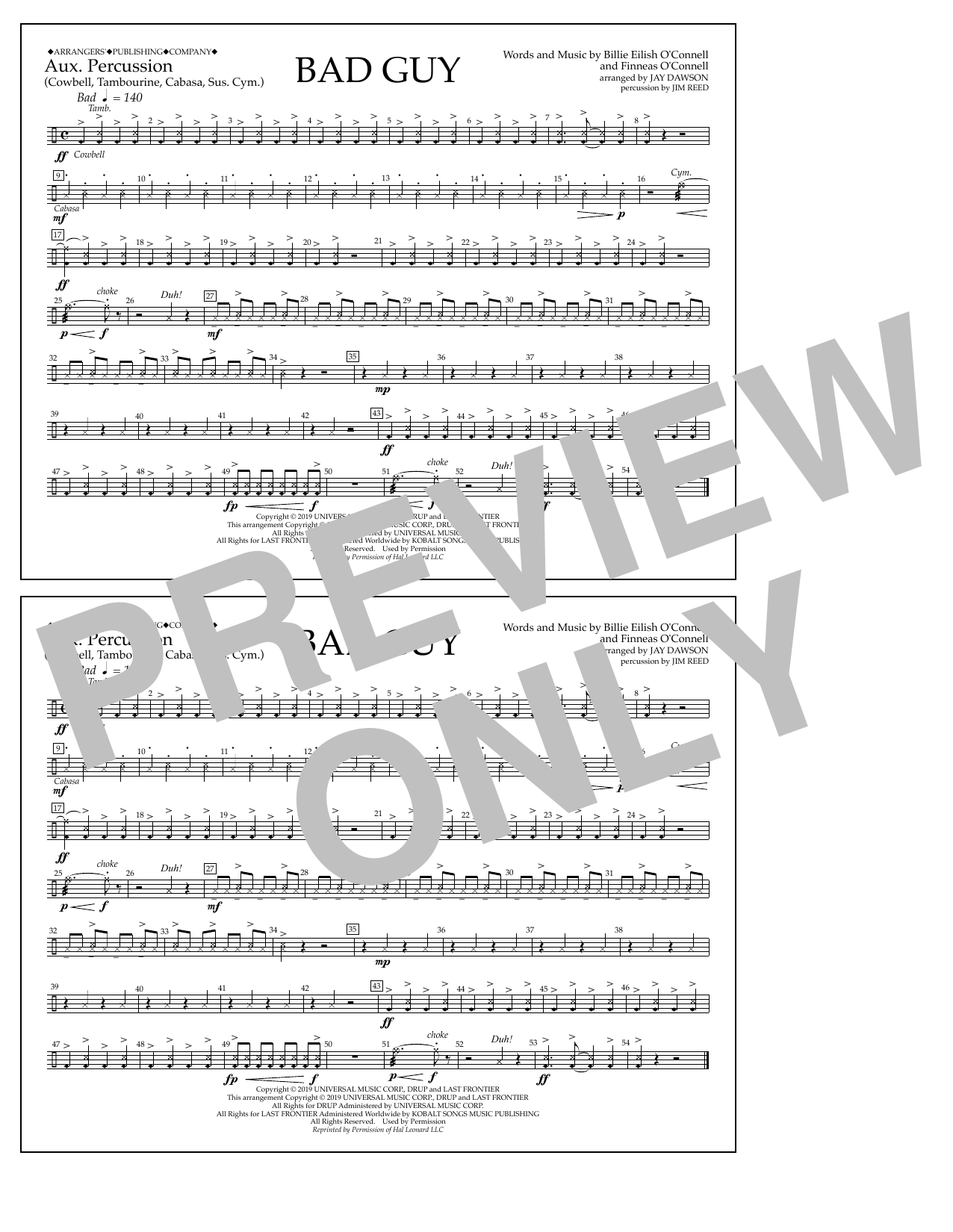 Billie Eilish Bad Guy (arr. Jay Dawson) - Aux. Percussion sheet music notes and chords arranged for Marching Band