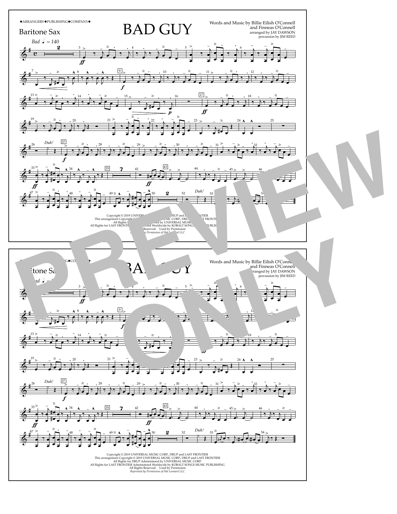 Billie Eilish Bad Guy (arr. Jay Dawson) - Bari Sax sheet music notes and chords arranged for Marching Band