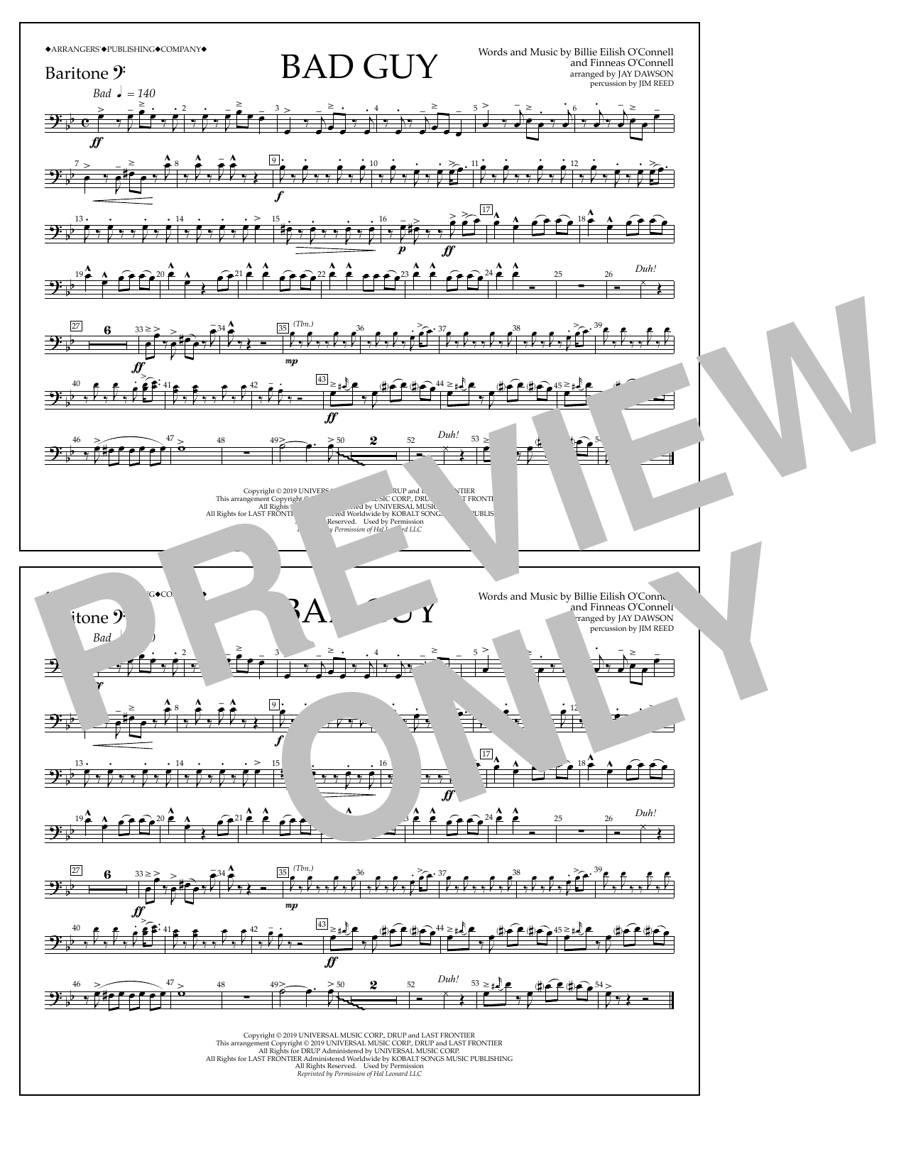 Billie Eilish Bad Guy (arr. Jay Dawson) - Baritone B.C. sheet music notes and chords arranged for Marching Band