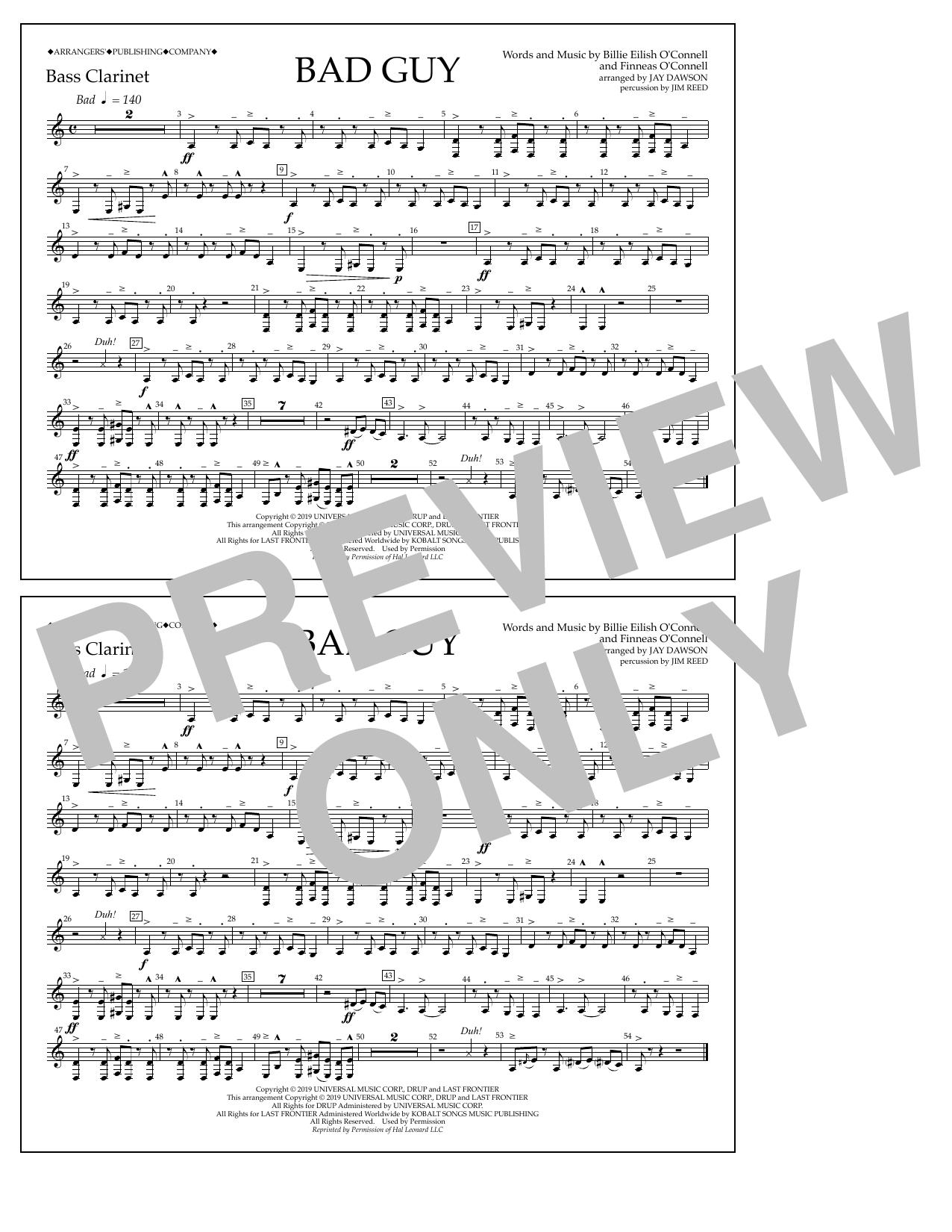 Billie Eilish Bad Guy (arr. Jay Dawson) - Bass Clarinet sheet music notes and chords arranged for Marching Band