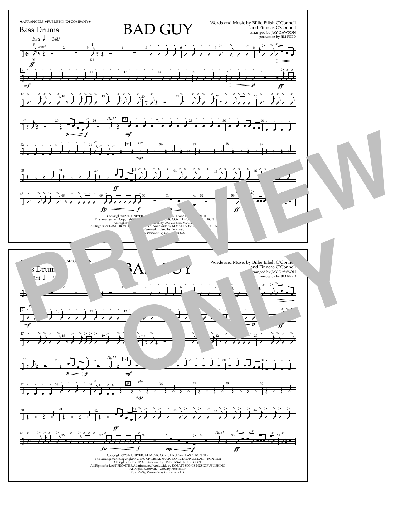 Billie Eilish Bad Guy (arr. Jay Dawson) - Bass Drums sheet music notes and chords arranged for Marching Band