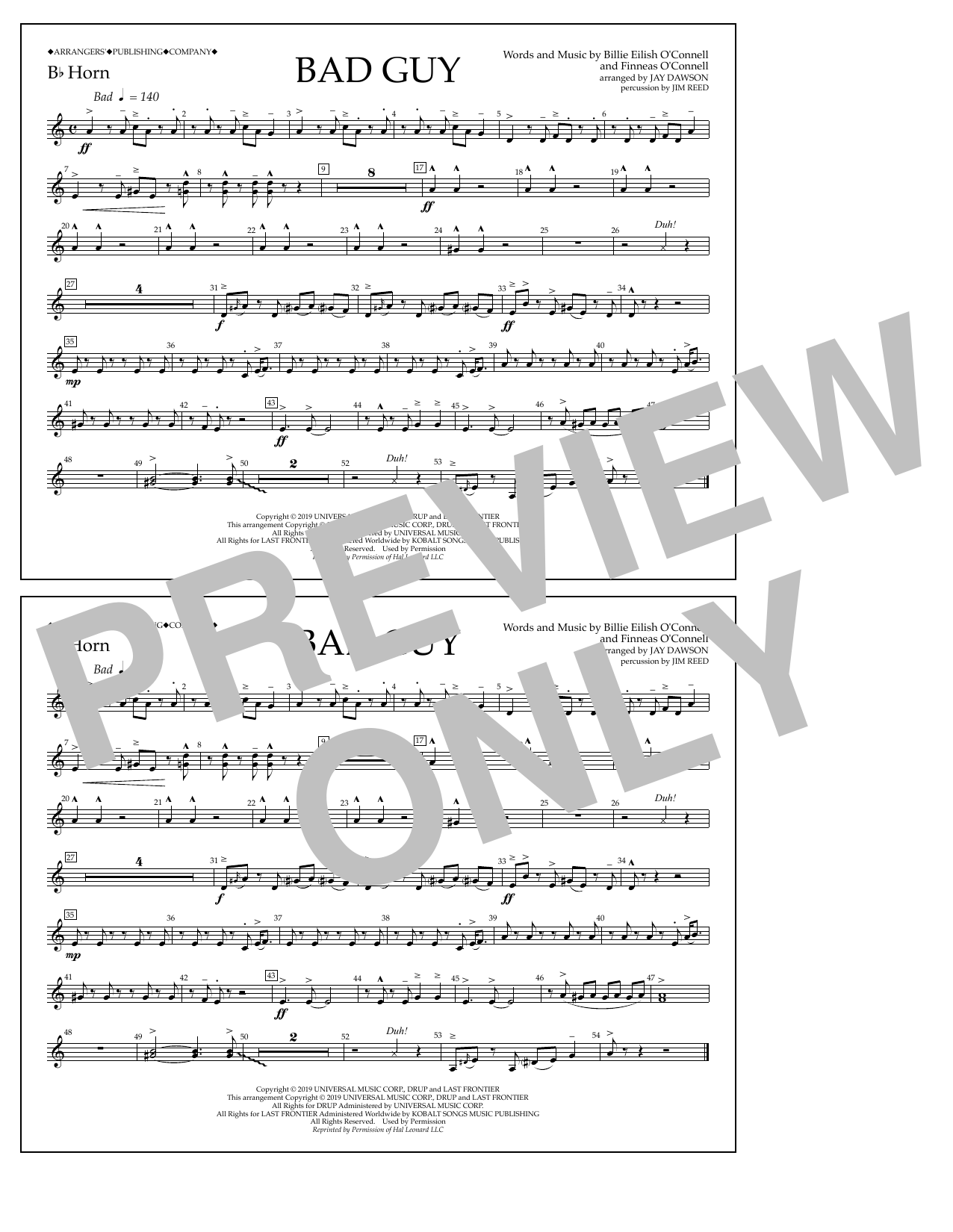 Billie Eilish Bad Guy (arr. Jay Dawson) - Bb Horn sheet music notes and chords arranged for Marching Band
