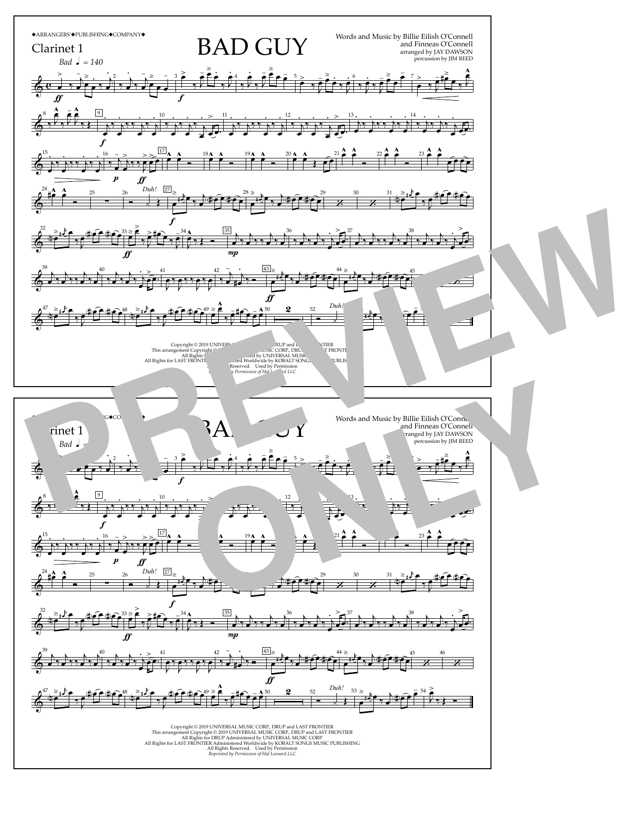 Billie Eilish Bad Guy (arr. Jay Dawson) - Clarinet 1 sheet music notes and chords arranged for Marching Band