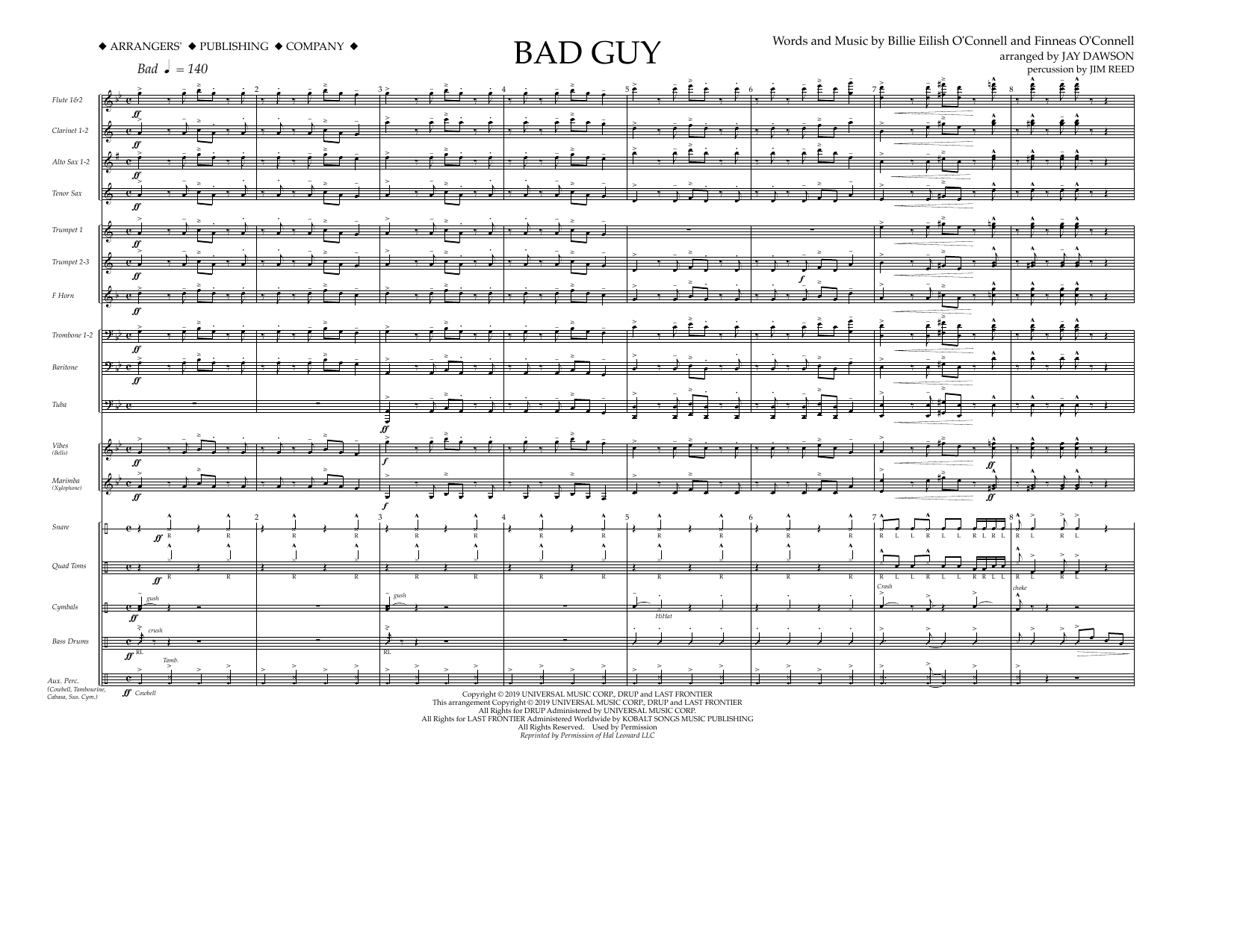 Billie Eilish Bad Guy (arr. Jay Dawson) - Conductor sheet music notes and chords arranged for Marching Band
