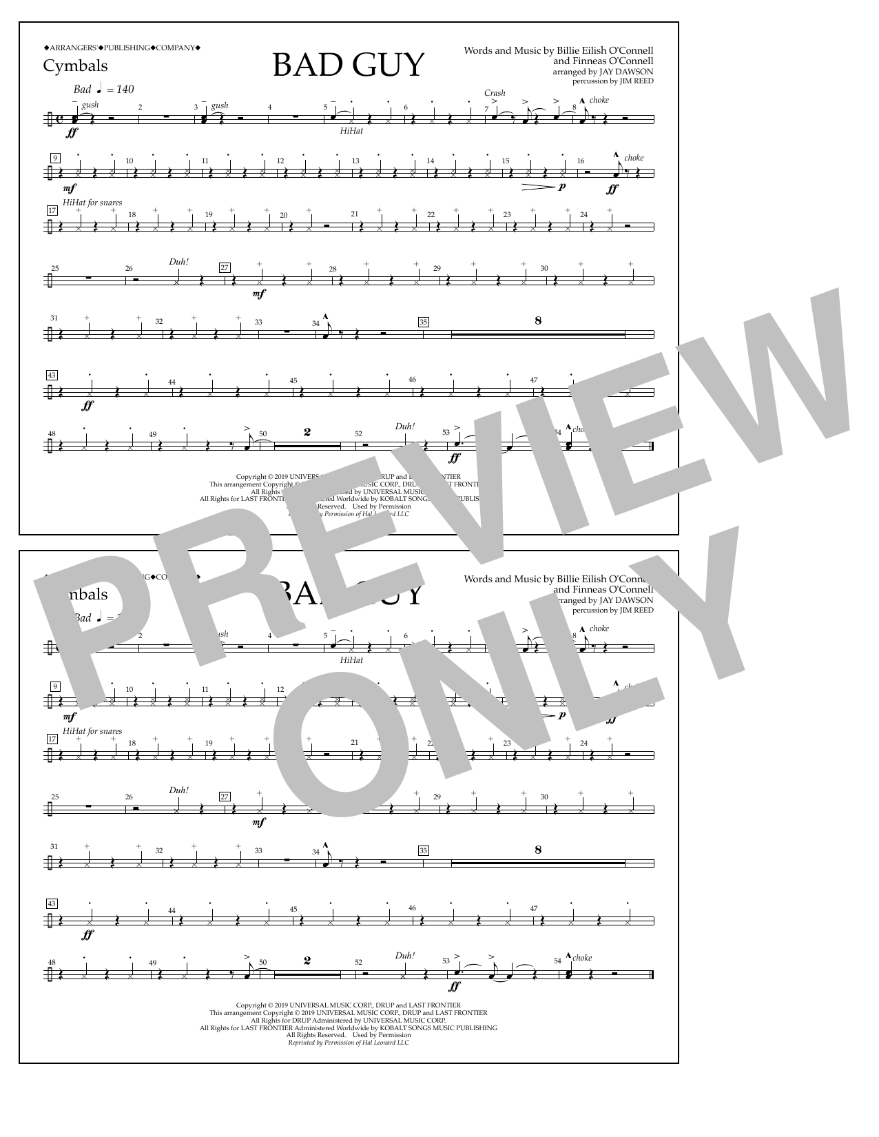 Billie Eilish Bad Guy (arr. Jay Dawson) - Cymbals sheet music notes and chords arranged for Marching Band
