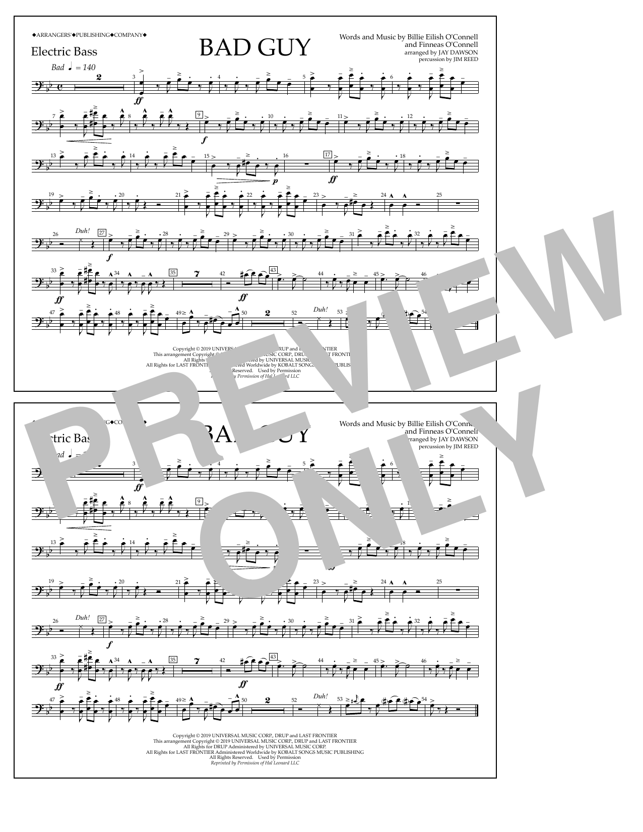 Billie Eilish Bad Guy (arr. Jay Dawson) - Electric Bass sheet music notes and chords arranged for Marching Band